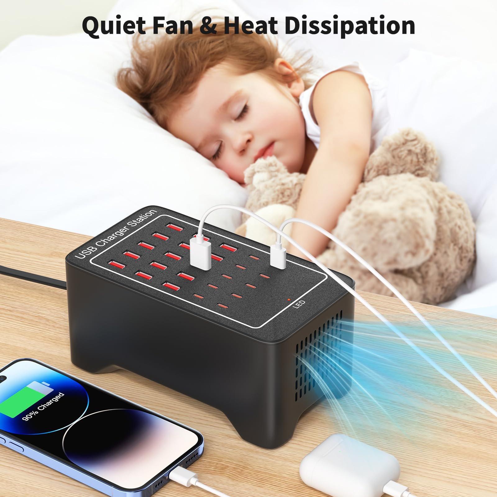 Bloque de carga USB C, 125 W (25 A) 25 puertos (15 puertos USB A y 10 puertos USB C) estación de carga USB, cargador de pared USB de escritorio compatible con iPhone, iPad, tabletas, teléfonos