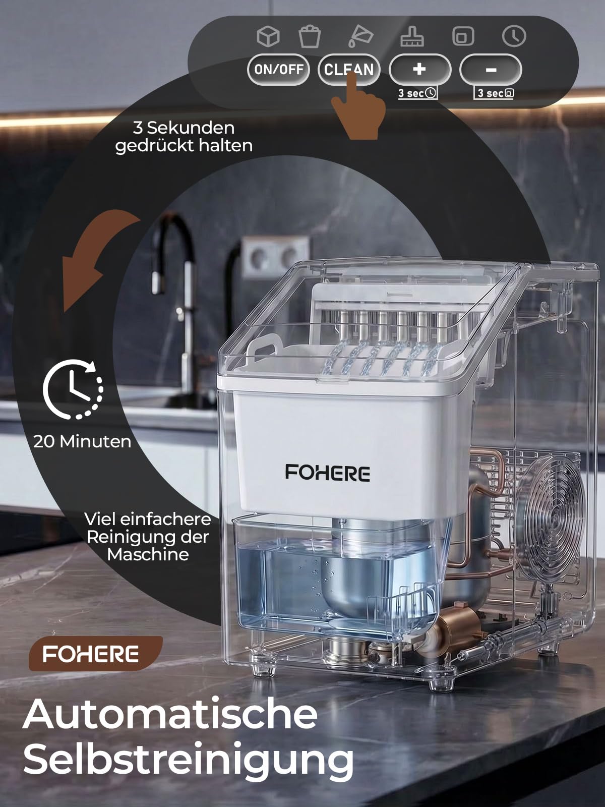 FOHERE Eiswürfelmaschine Edelstahl, 24kg/24h, 24 Eiswürfel in 10 Min, 3.2L Dual-Wasserzufuhr, 40 dB Flüsterleise, Timer & Selbstreinigung & Abtaufunktion, für Hausbar & Partys