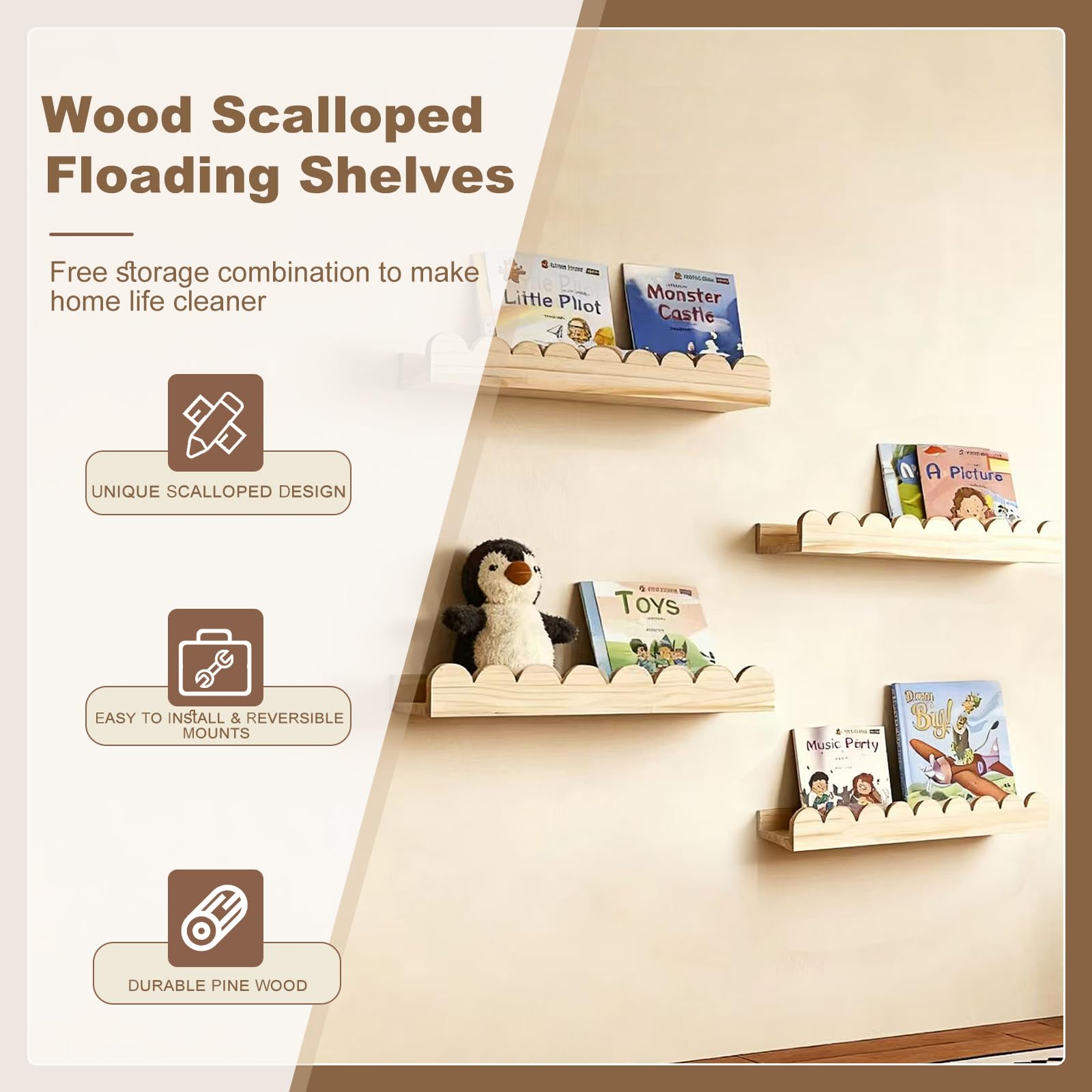 Estantes festoneados para guardería, estantes de pared para libros de pared para dormitorio, niños, estantería de guardería para pared, juego de 4, estantes flotantes para libros de