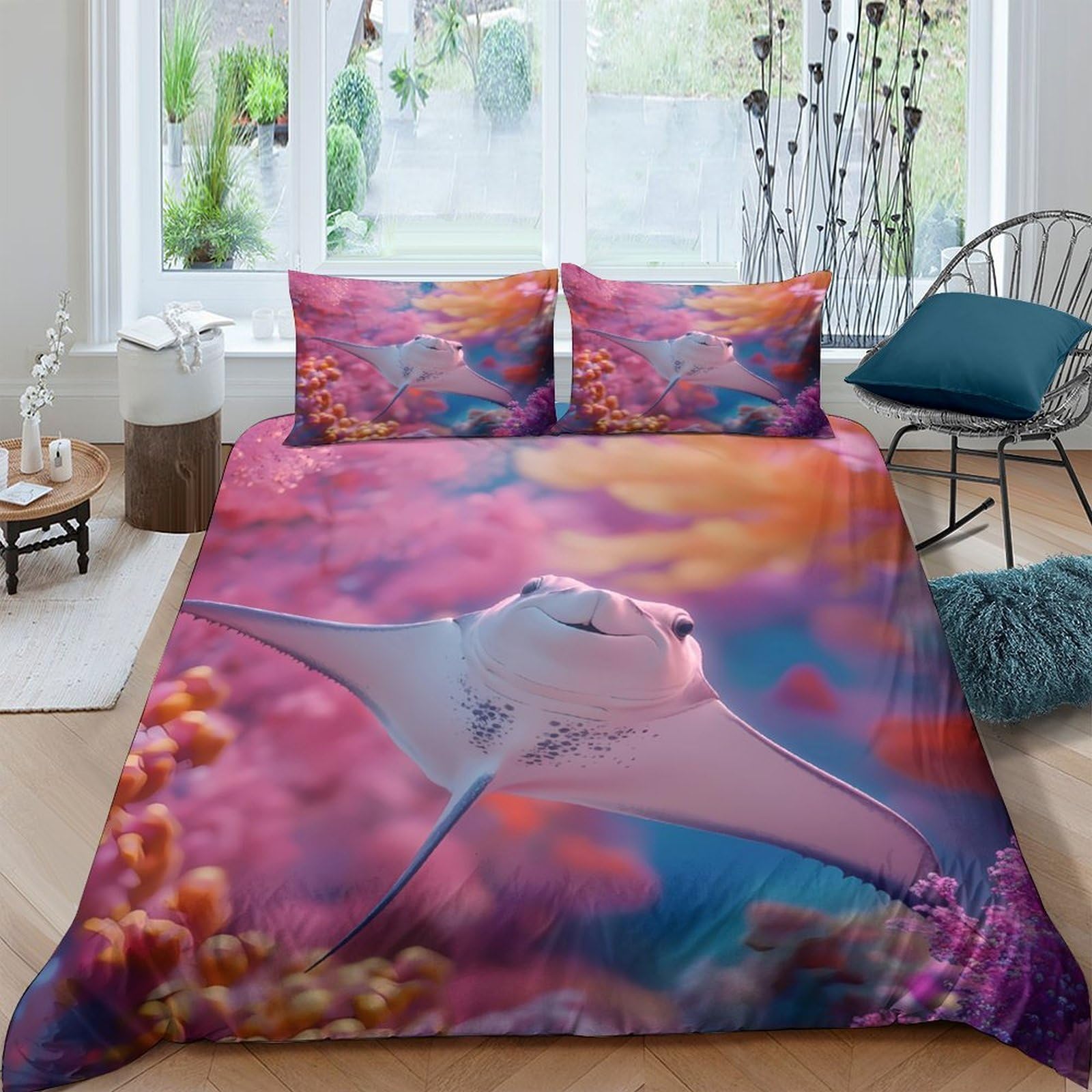 Ctjqhvkz Style-7 3D Printed Ocean Coral Fitted Sheet Microfiber Soft Manta Ray Bed Cover For Bedroom Dorm Room Mattress Decor Single（135X200cm）