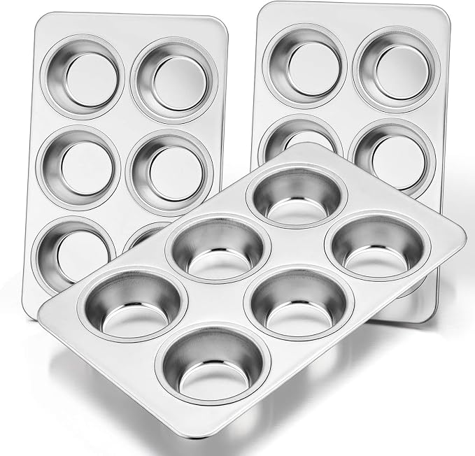 E-far Muffin Pan Set of 2, Stainless Steel Muffin Pan Tin for Baking, 6-Cup Metal Cupcake Pan Tray, Non-toxic & Healthy, Oven & Dishwasher Safe, Regular Size - 11.44 x 7.12 x 1.25 Inch