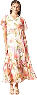 Miss Chase Women’s Floral V-Neck FlaSleeve Wrap Chiffon Maxi Dress Price In India