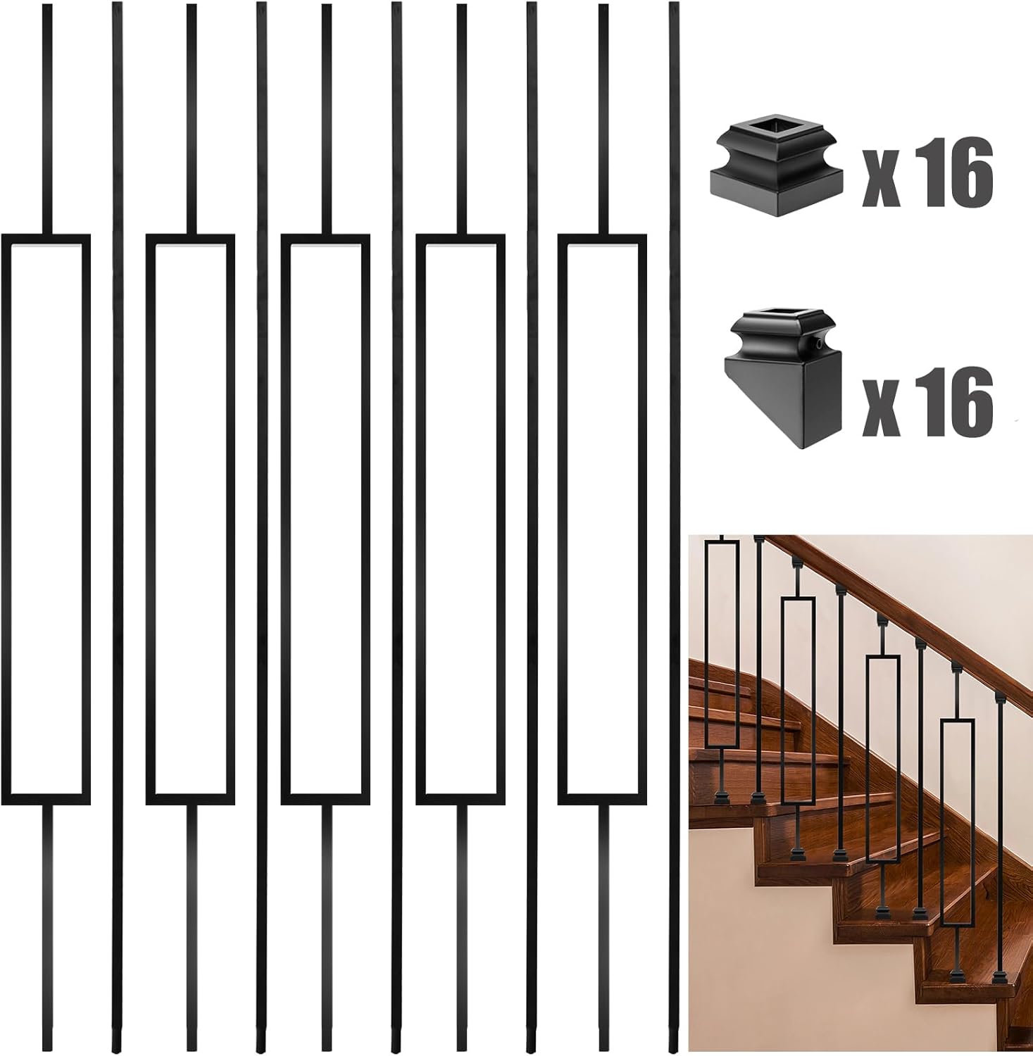Iron Balusters for Staircases, 16 Pack Wrought Iron Balusters, Metal Stair Balusters Stair Spindles, Staircase Baluster W/ 32 Pack Baluster Shoes (8 Straight +8 Single Rectangle)