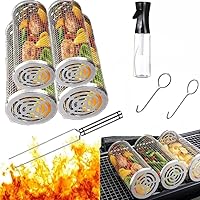 Vista 2 de Cesta de parrilla con mango extraíble para picnic al aire libre, parrilla de barbacoa, barbacoa, barbacoa, parrilla, cilíndrica de malla de acero