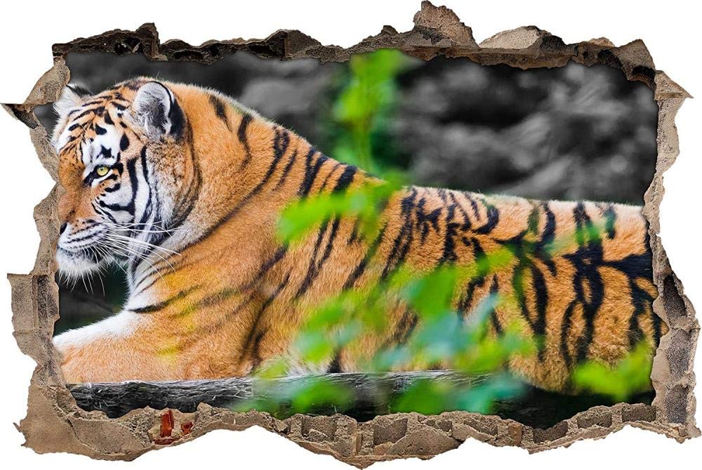 Sticker Muraux 3D Autocollant Mural Vue D'Effet tigre au repos à côté du tronc d'arbre À L'Extérieur du Mur Fissuré Décoration Amovible DIY Vinyle Mur Maison Stickers pour Salon Chambre 80x120cm