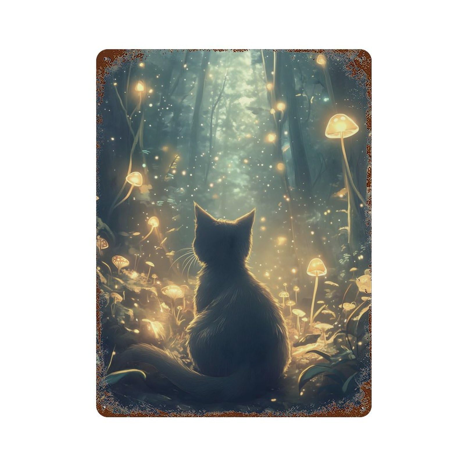 Retro Metal Sign Cat in Enchanted Forest 15.7"x11.8", Retro Wall Decor for Living Room, Hallway And Home Decor