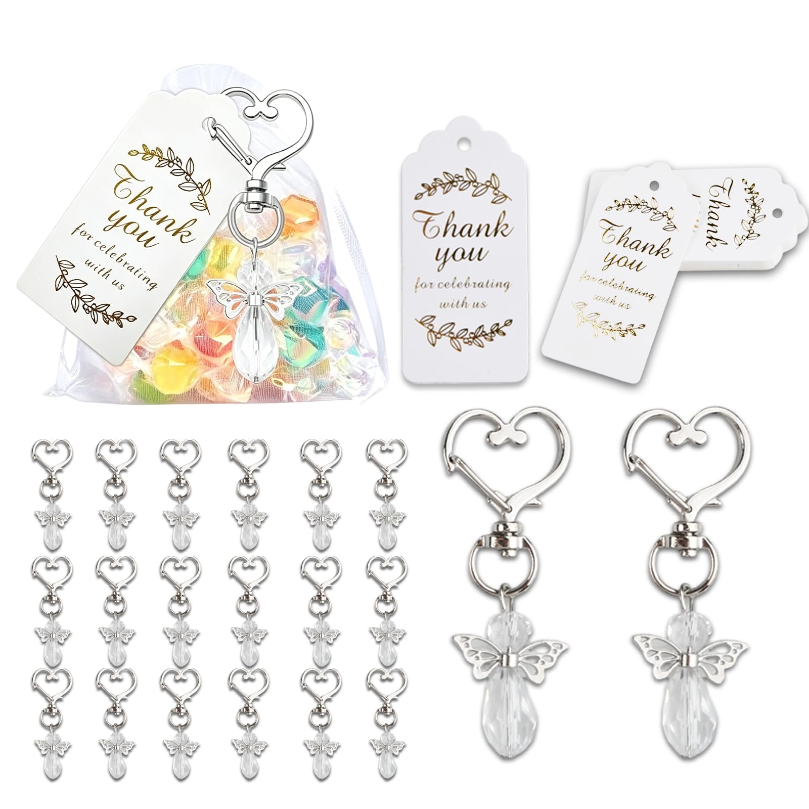 Kemay Guardian Angel Keyring Set, Thank You Gifts with Organza Bags and Tags, Wedding Favours for Guests, Baby Shower Favours, Holy Communion, Christening and Party Keepsake