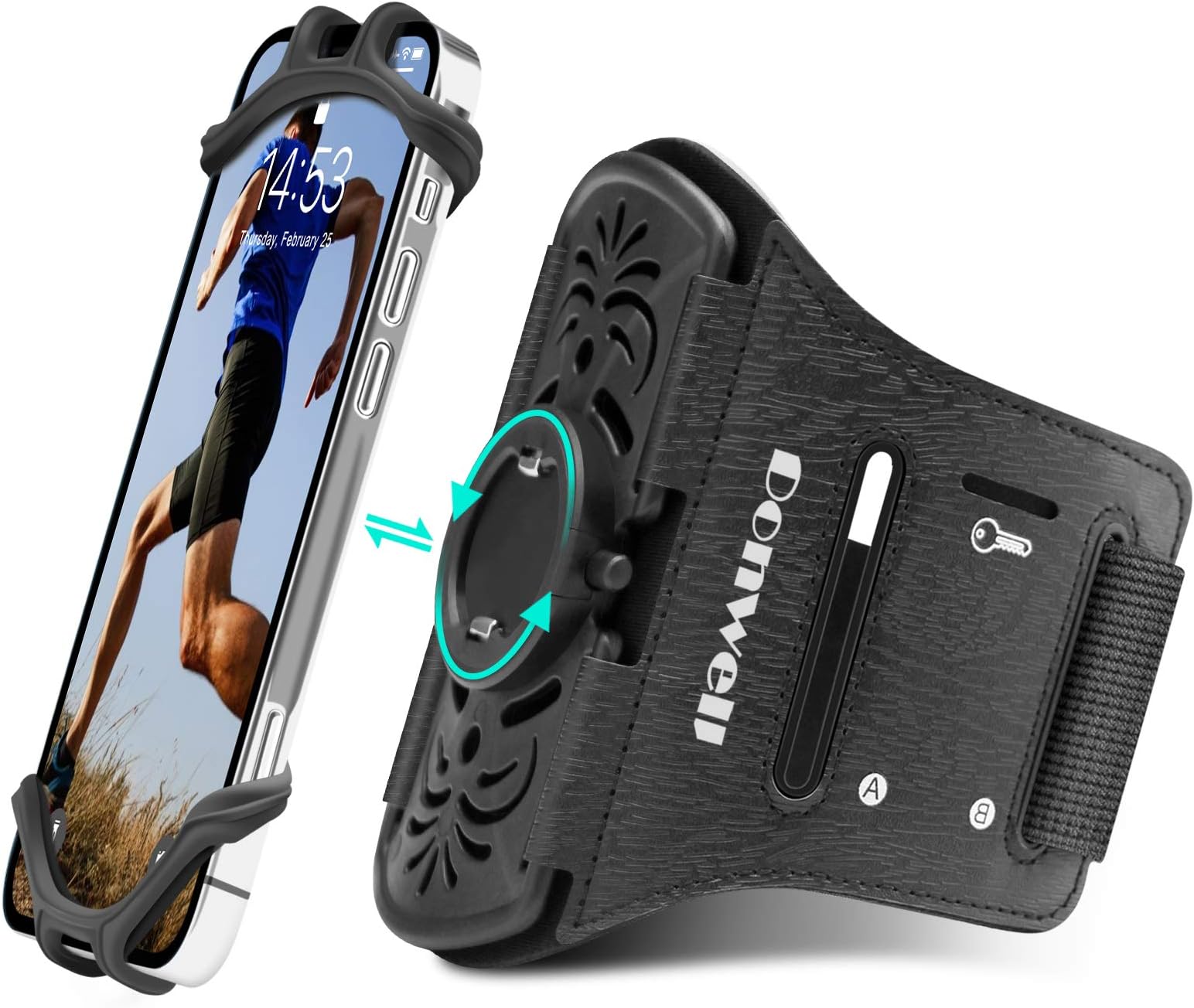DONWELL Running Armband,Mobile Phone Holder for Running and Detachable & 360° Rotatable, with iPhone 13/12 Samsung S21 up to 6.7", Sports Armband with Headphone/Key Slot, for Gym Jogging Black