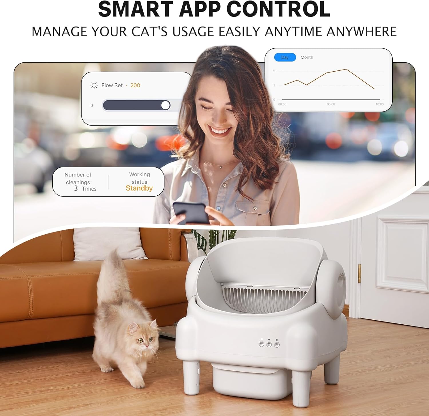 Self Cleaning Litter Box,Open Top Automatic Litter Box with App Control for Multiple Cats, Safety Sensors Protection, Odor Control Includes 2 roll Liners,Large Waste Bin, Cream White thumbnail