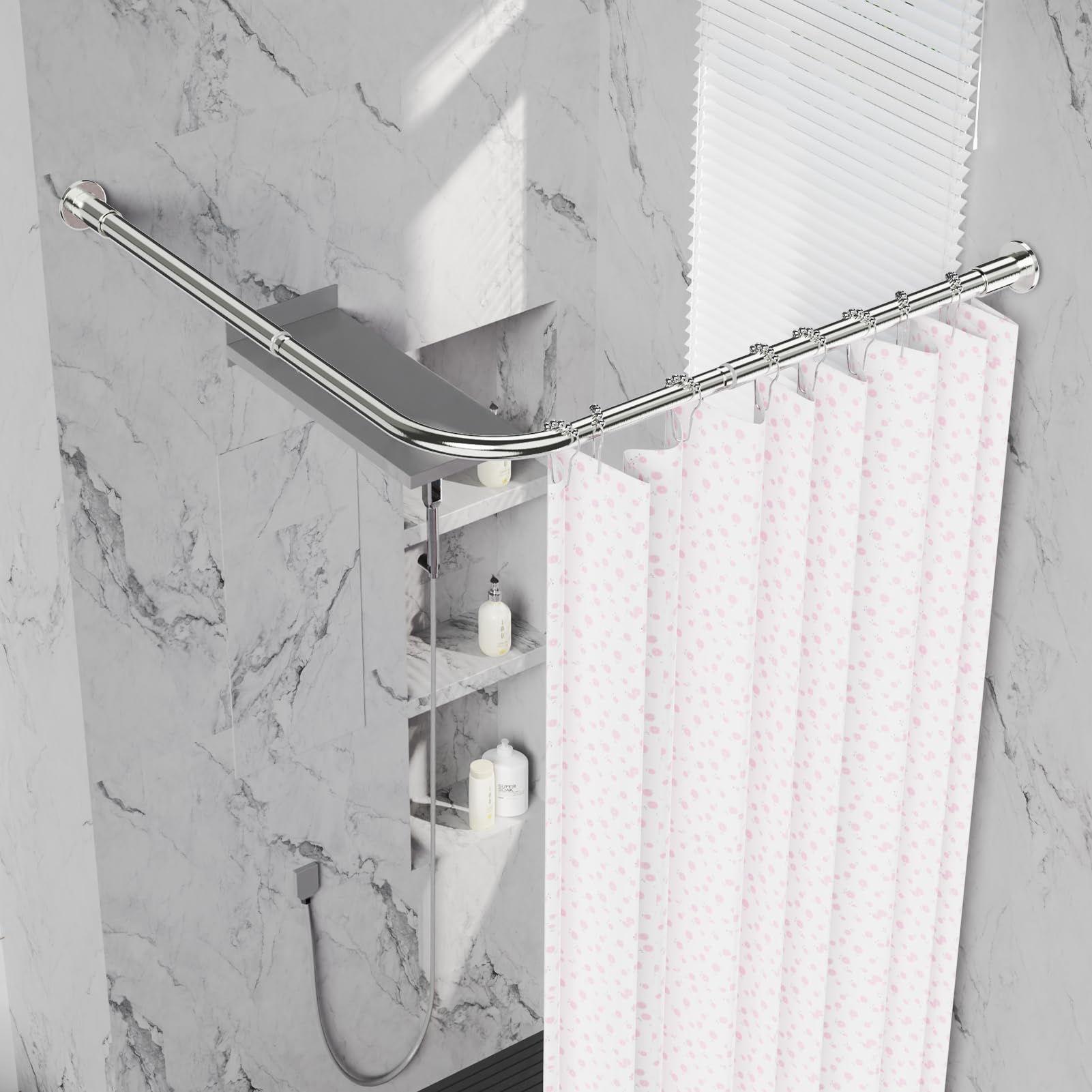 WELDUN Drążek do zasłony prysznicowej w kształcie litery L, regulowany 68-96 cm × 68-96 cm, narożny drążek prysznicowy ze stali nierdzewnej, wodoszczelny i nierdzewny, karnisz 90°, łącznie z 12