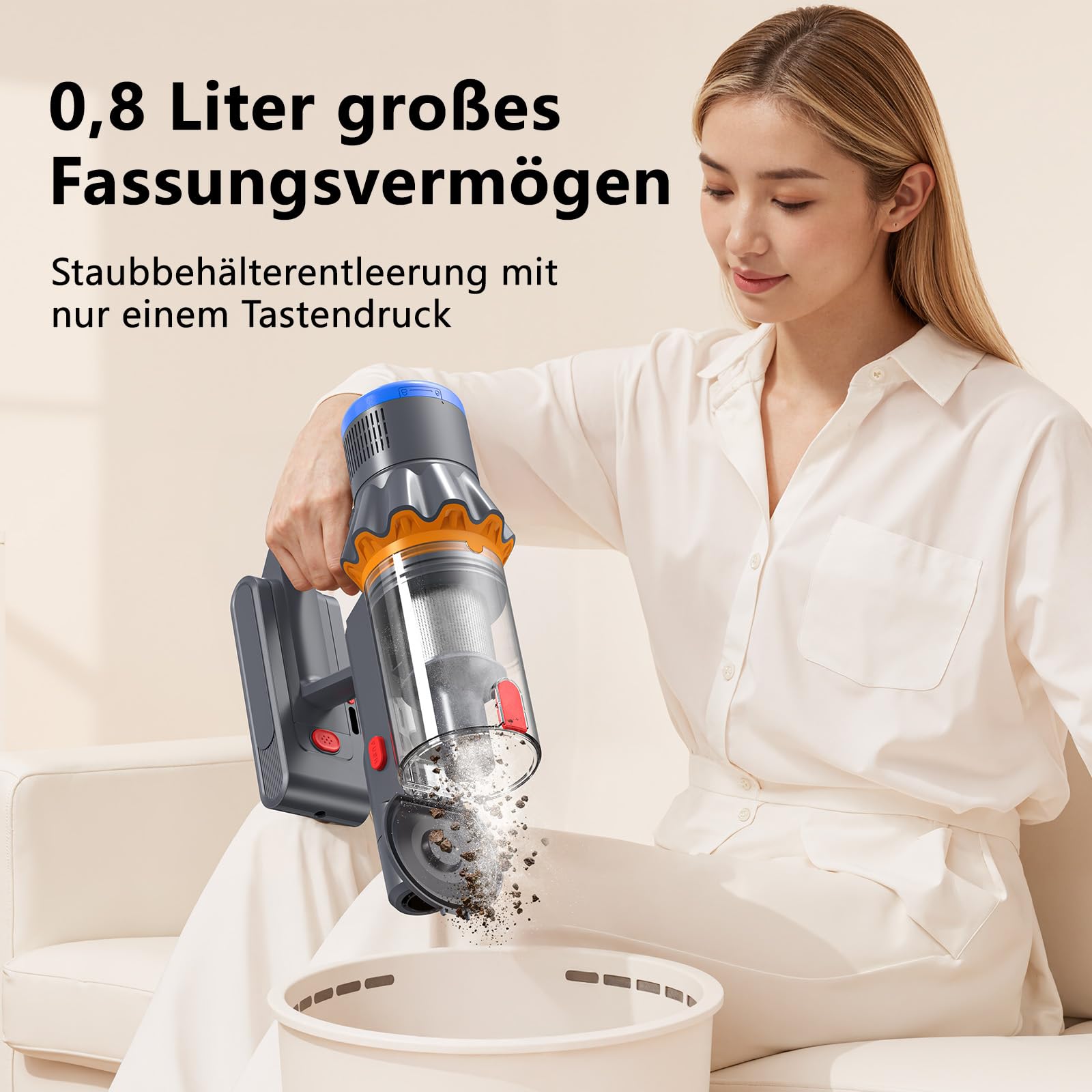 Akku Staubsauger 58000Pa/450W/65Min, Anti-Tangle-Bürste, LED-Touchdisplay, 0.8L Behälter, 8-Schicht HEPA, Selbststehend Staubsauger Kabellos mit 2 Ersatzfilter für Tierhaare/Teppich/Hartböden/Auto