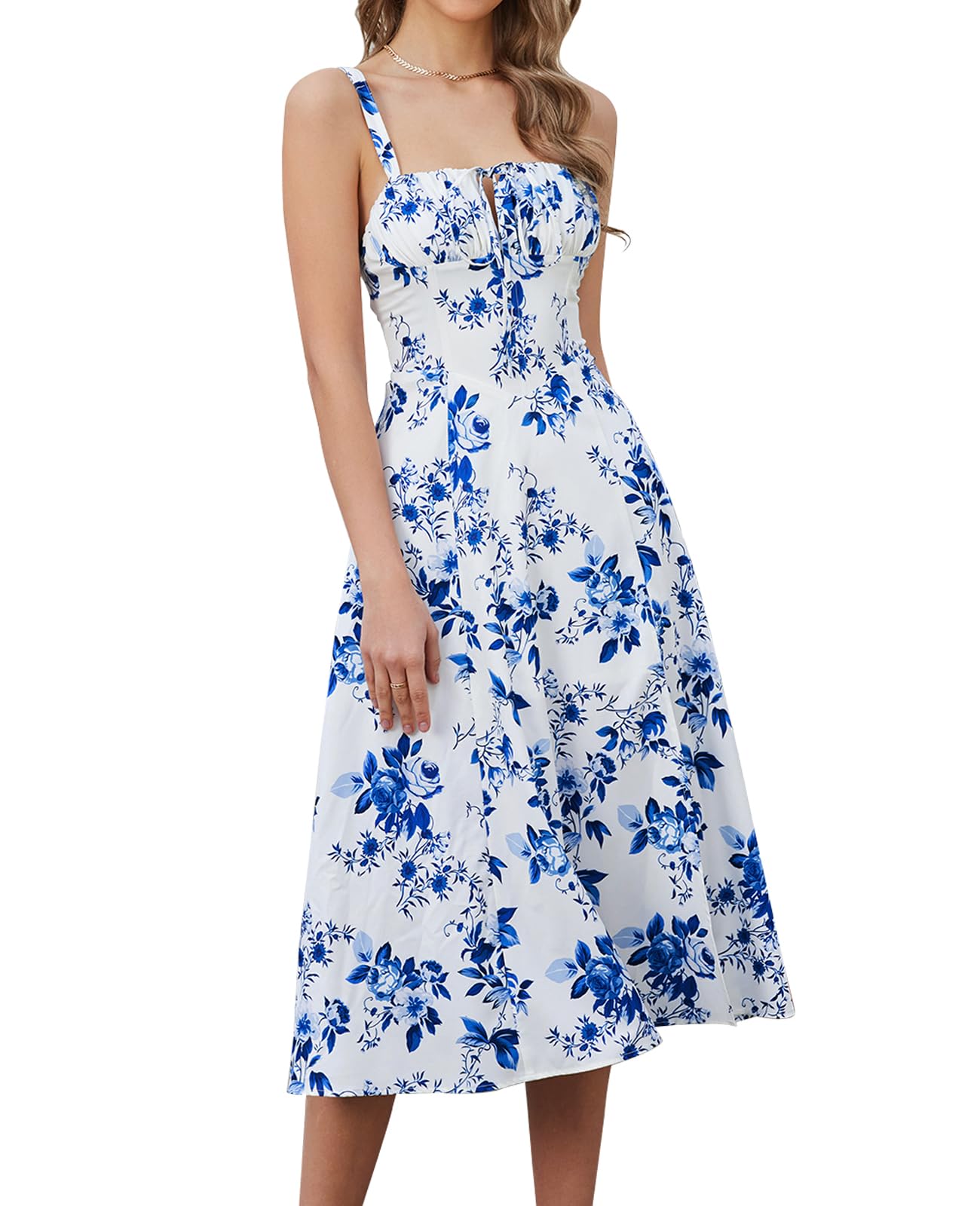 Floral Midi Corset Dress Wedding Guest Flowy Slit Lace Up | Desertcart QATAR