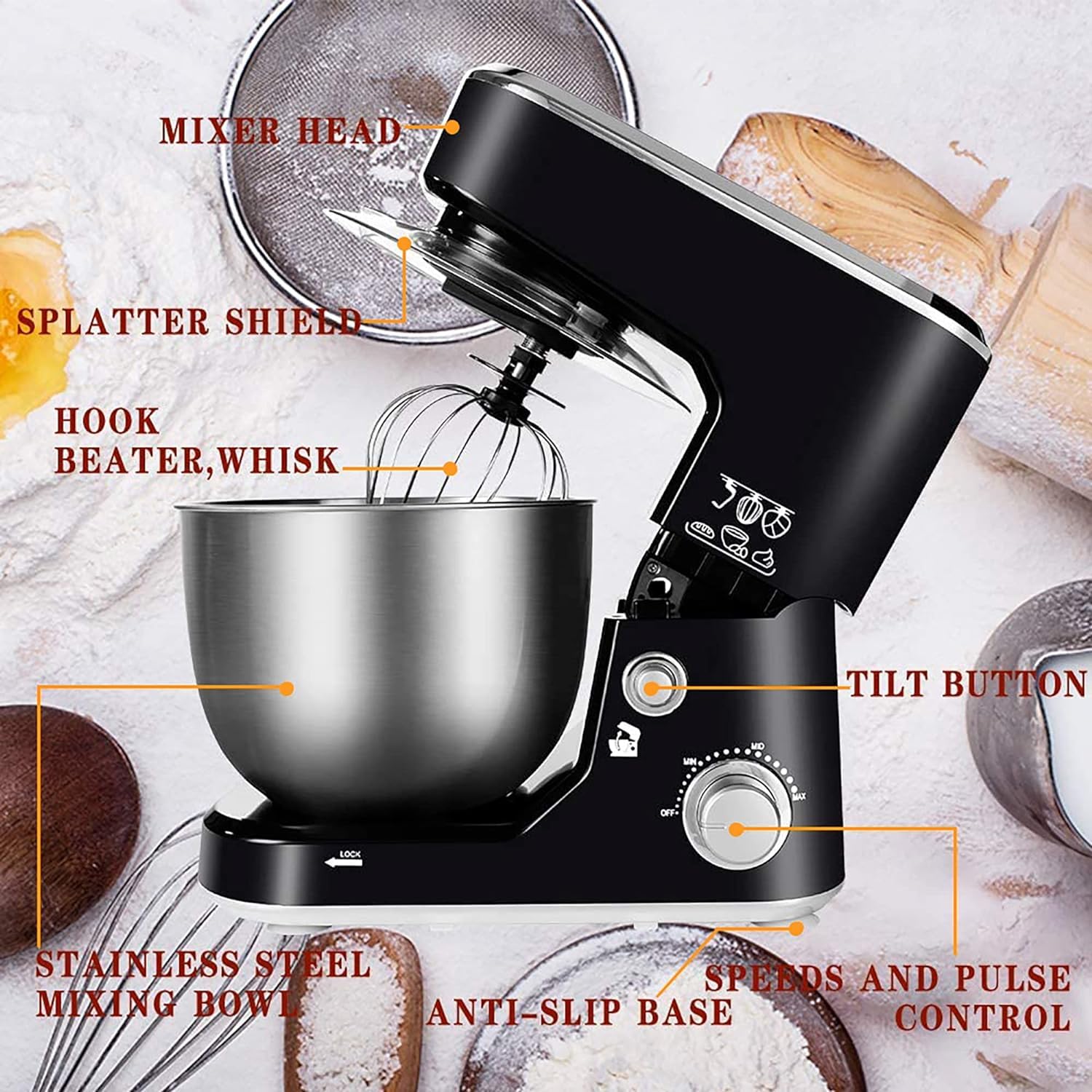 ROYALTY LINE, Procesador de Alimentos Multifunción 1000W Negro RLPKM7004722S-BLK, Bol de Acero Inoxidable 4L, 6 Velocidades, Accesorios Incluidos: Gancho para Masa, Batidor