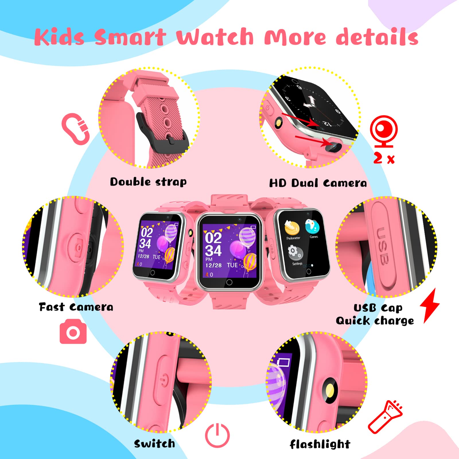Smart Watch für Kinder, 24 Spiele, Schrittzähler, 2 HD-Kameras, modische Smartwatches für Kinder von 3 bis 14 Jahren, tolle Geschenke für Mädchen und Jungen (Rosa)…