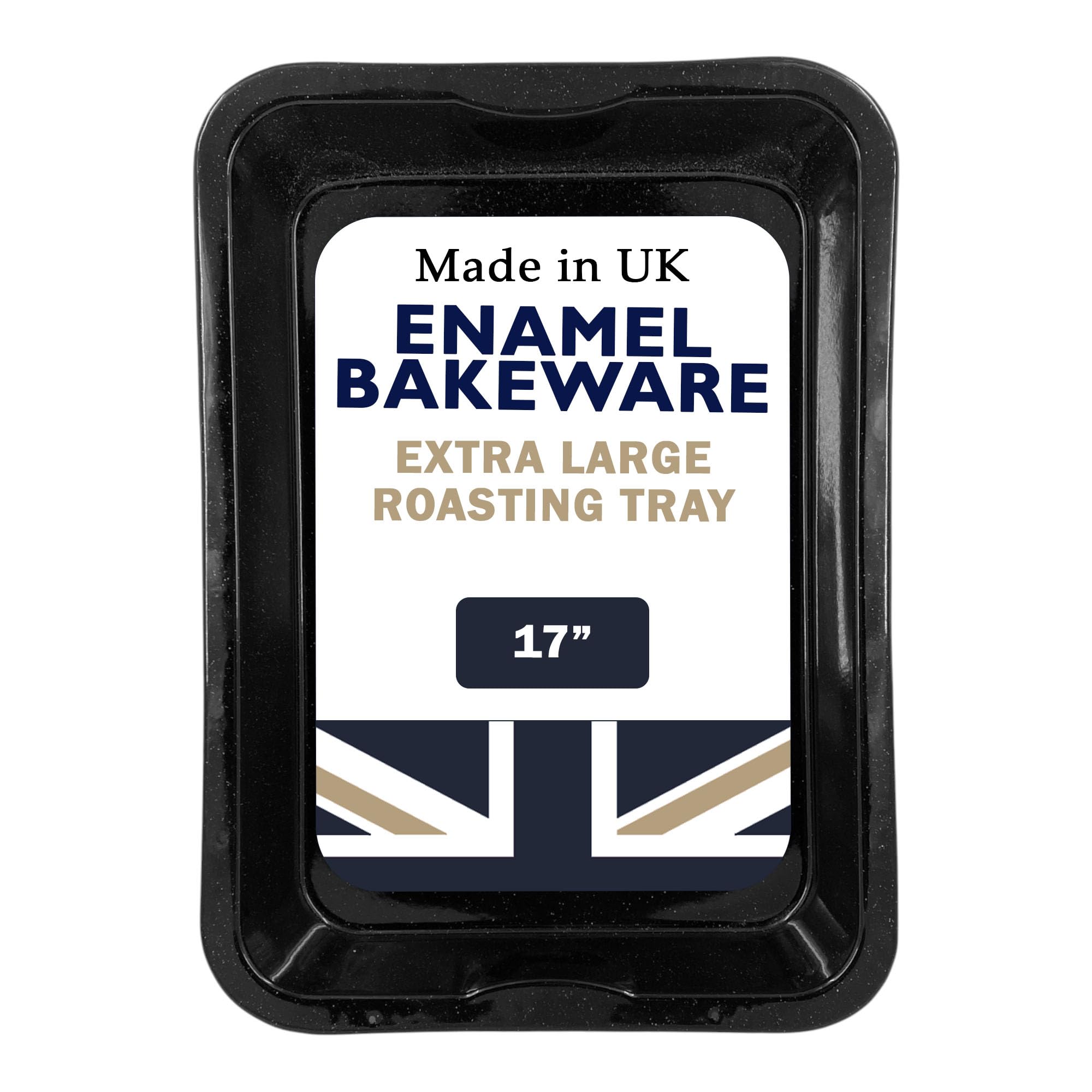 Chabrias Ltd 43.5cm Vitreous Enamel Roasting Tray – Extra-Large, Heavy-Duty Roaster – Made in England – Enamelled Iron, Oven & Dishwasher Safe, Fridge/Freezer Safe – Black