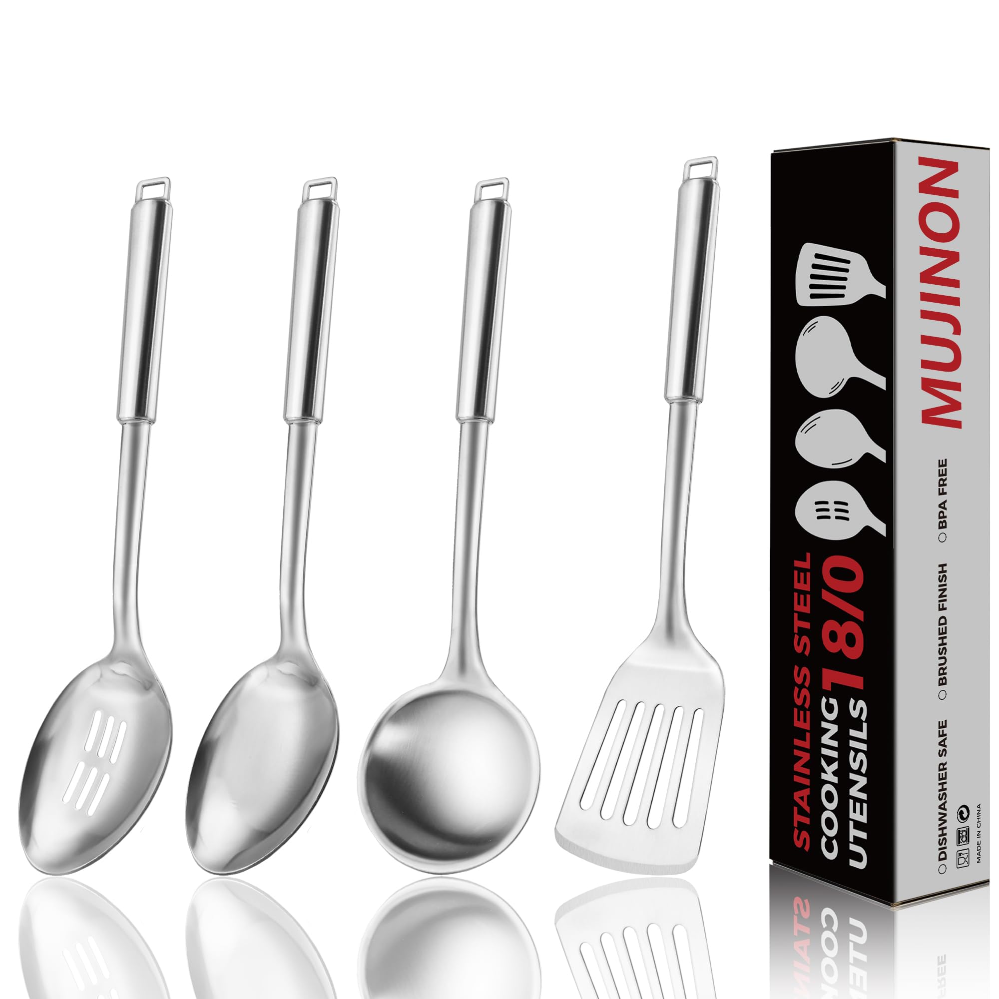 MUJINON 18/0 Stainless Steel Kitchen Cooking Utensil Set, Ergonomic Handle, Dishwasher Safe, Slotted Spoon, Ladle, Turner, Serving Spoon for