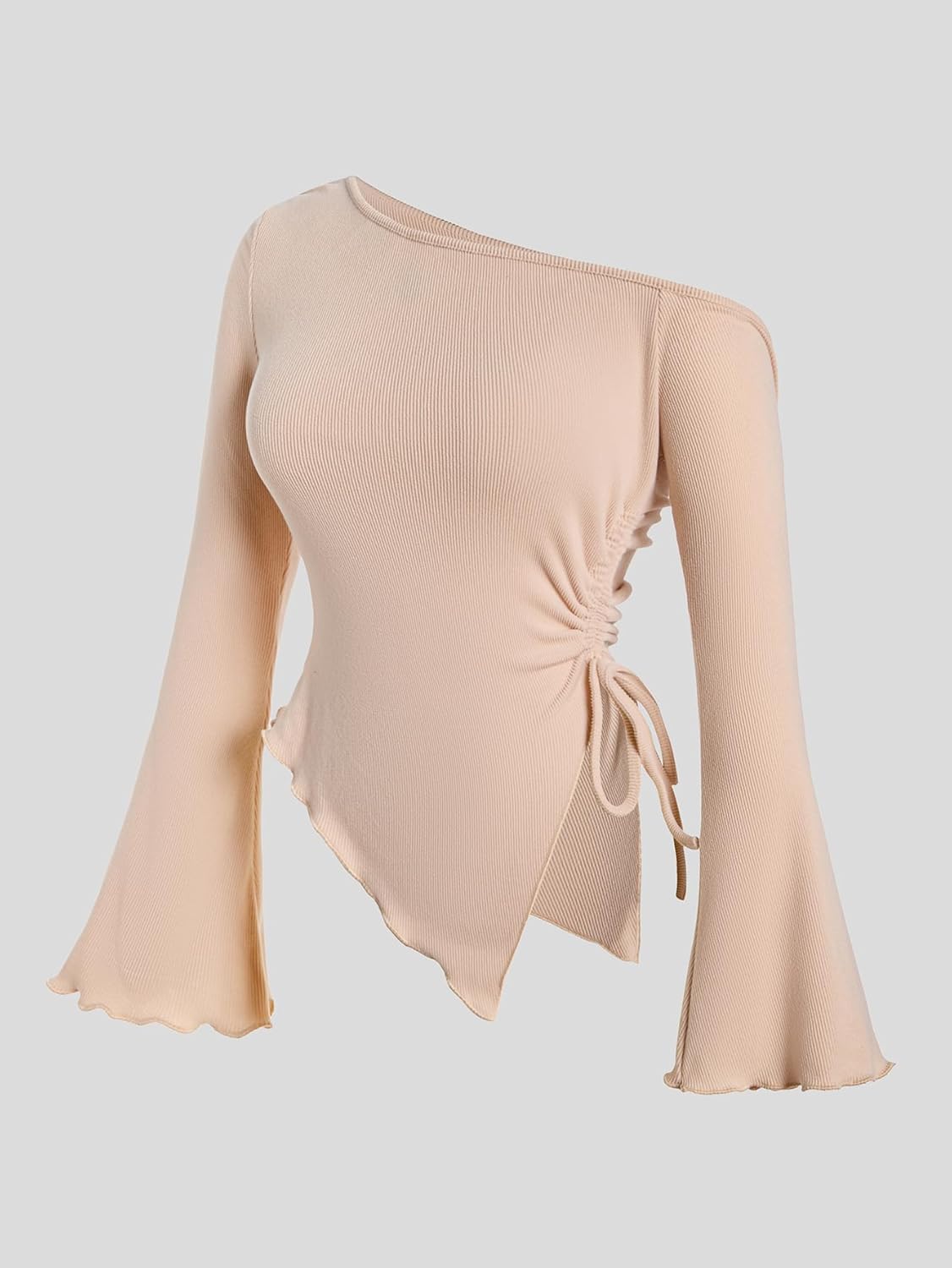 Milumia Women's Ribbed Knit One Off The Shoulder Asymmetrical Long Bell Sleeve Tops Y2K Going Out Tee Shirt Tops - Image 4