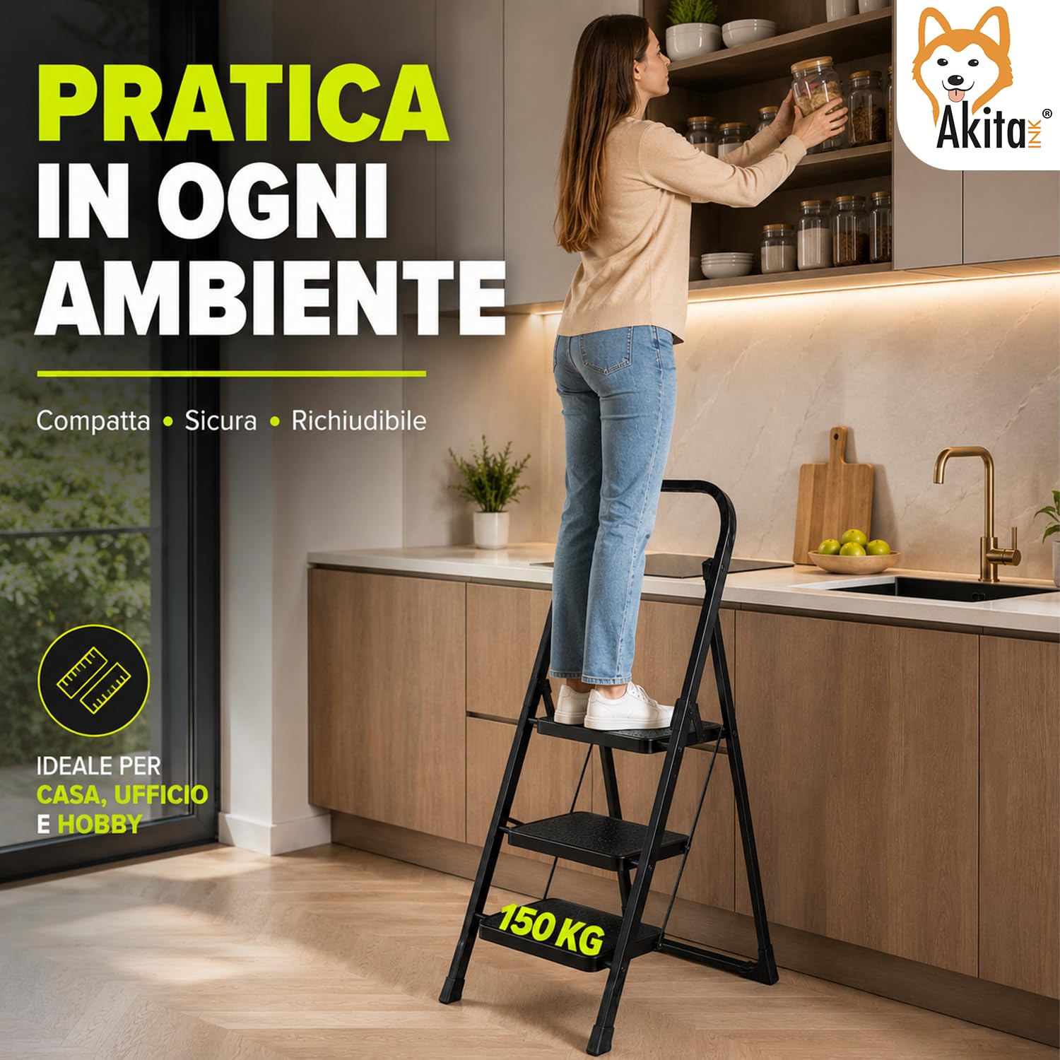AkitaInk Scaletta Pieghevole in Acciaio Nero Antiscivolo, Scala Multiuso a 3 Gradini, Salvaspazio, Portata 150 kg, Certificata EN14183