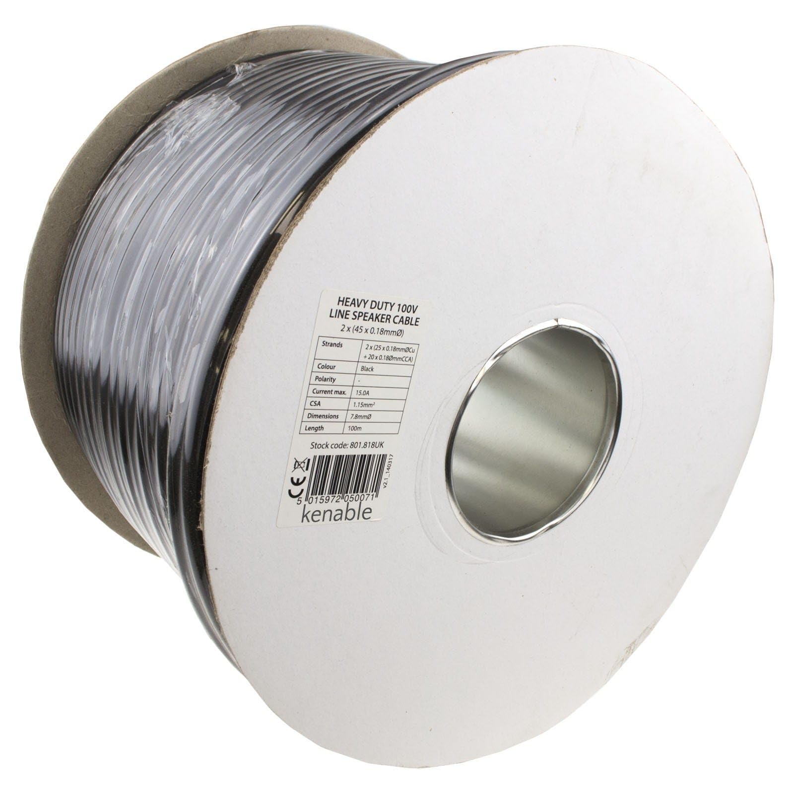 kenable Câble Haut-Parleur Ligne 100V 2 Cœurs 2x45x0.18mm 15A Double Isolation Noir 100 m [100 mètres/100m]