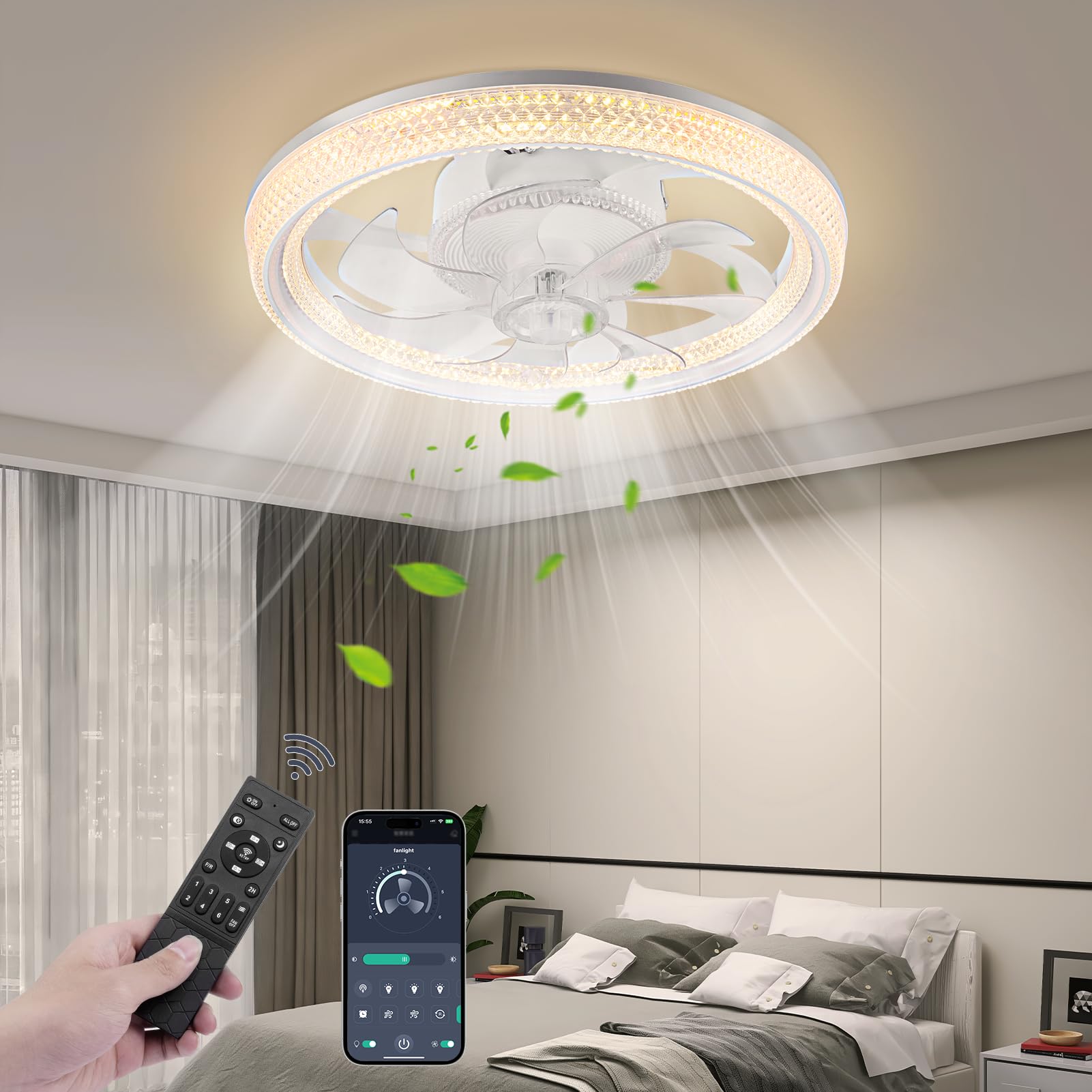 Viugreum LED Smart Deckenventilatoren mit Licht, 48cm moderne Deckenventilatorleuchten mit Fernbedienung, umkehrbarer dimmbares Deckenventilator mit Beleuchtung und Timer für Wohnzimmer, Schlafzimmer