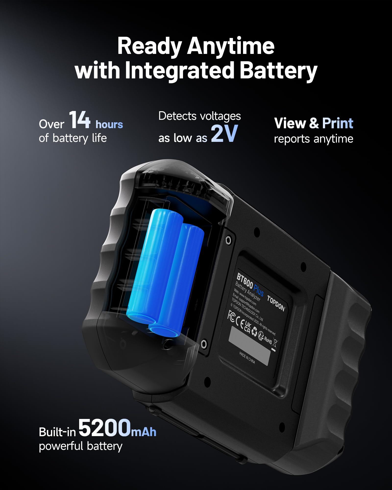 TOPDON Testeur Batterie Voiture BT600 Plus, Tests de Batterie 6V/12V/24V, 100-2000 CCA, Test de Démarrage/Charge/Système 12V/24V, Testeur de Batterie Auto avec Imprimante Intégrées, 2 Pinces Appariées
