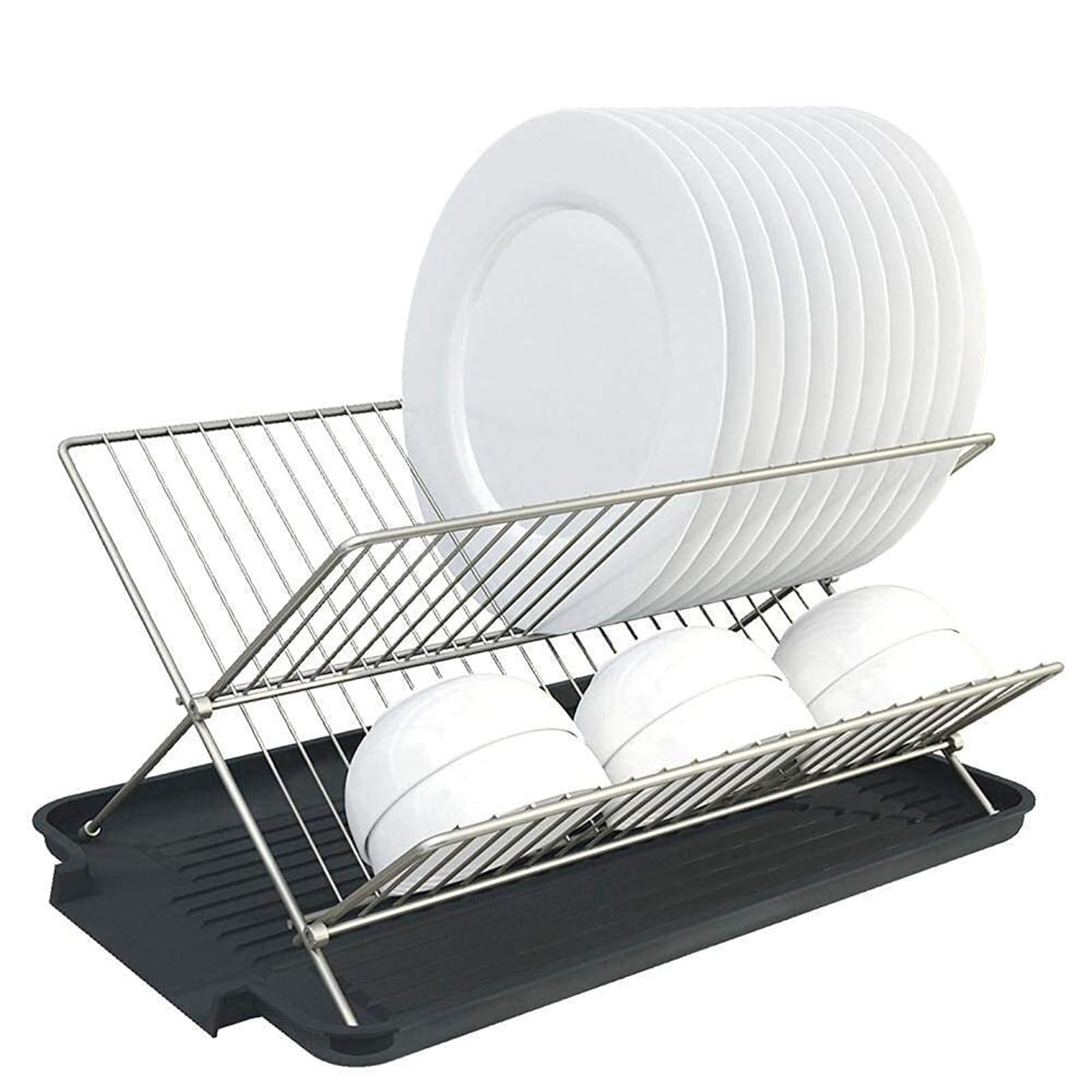WLH Alexanders Foldable Dish Drying Rack with Drip Tray Stainless Steel 2 Tier Dish Drainer Rack Collapsible Dish Drainer dish rack