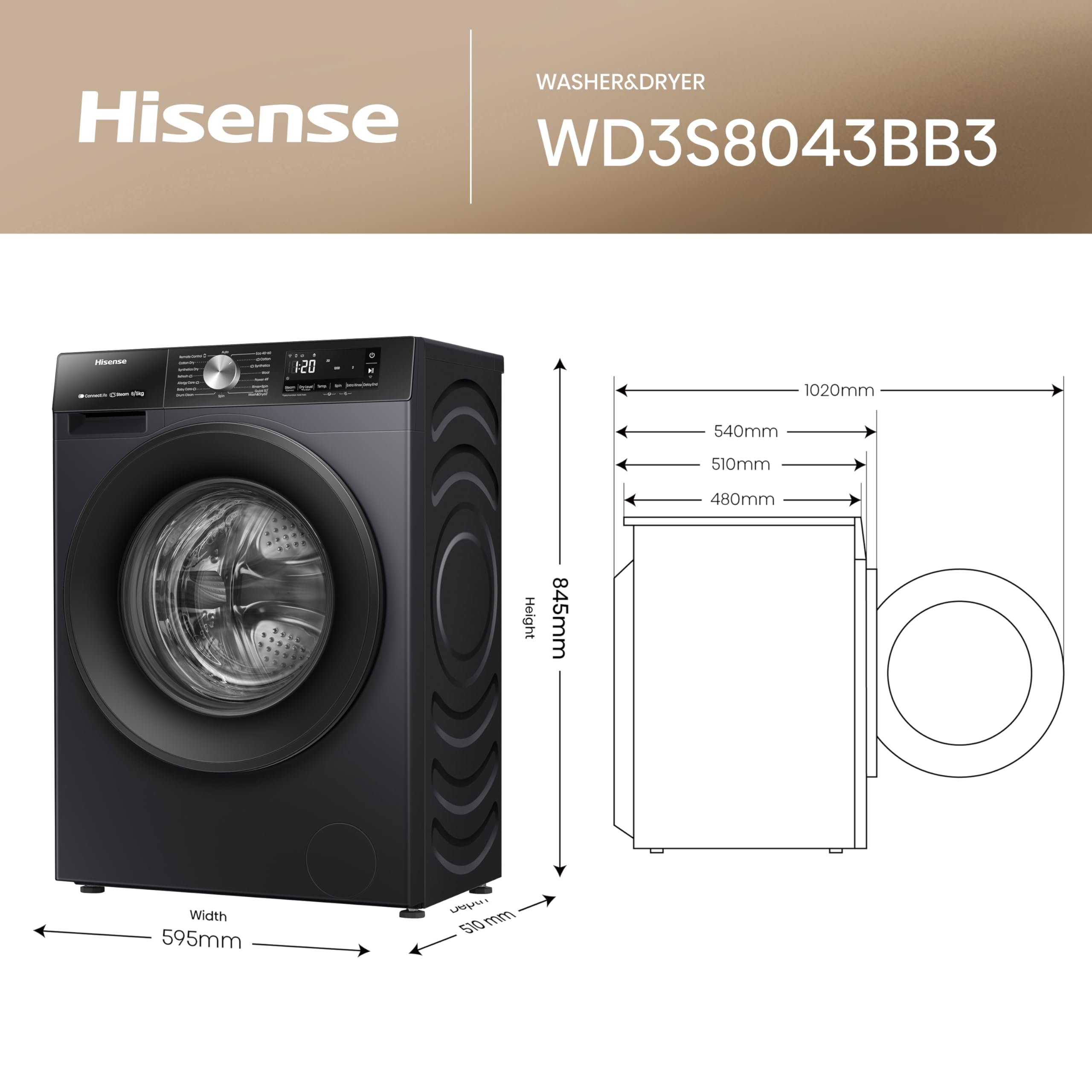 Hisense 3S Series WD3S8043BB3 Wifi Connected 8Kg and 5Kg Washer Dryer with 1400 rpm - Black - A-D Rated — view 2