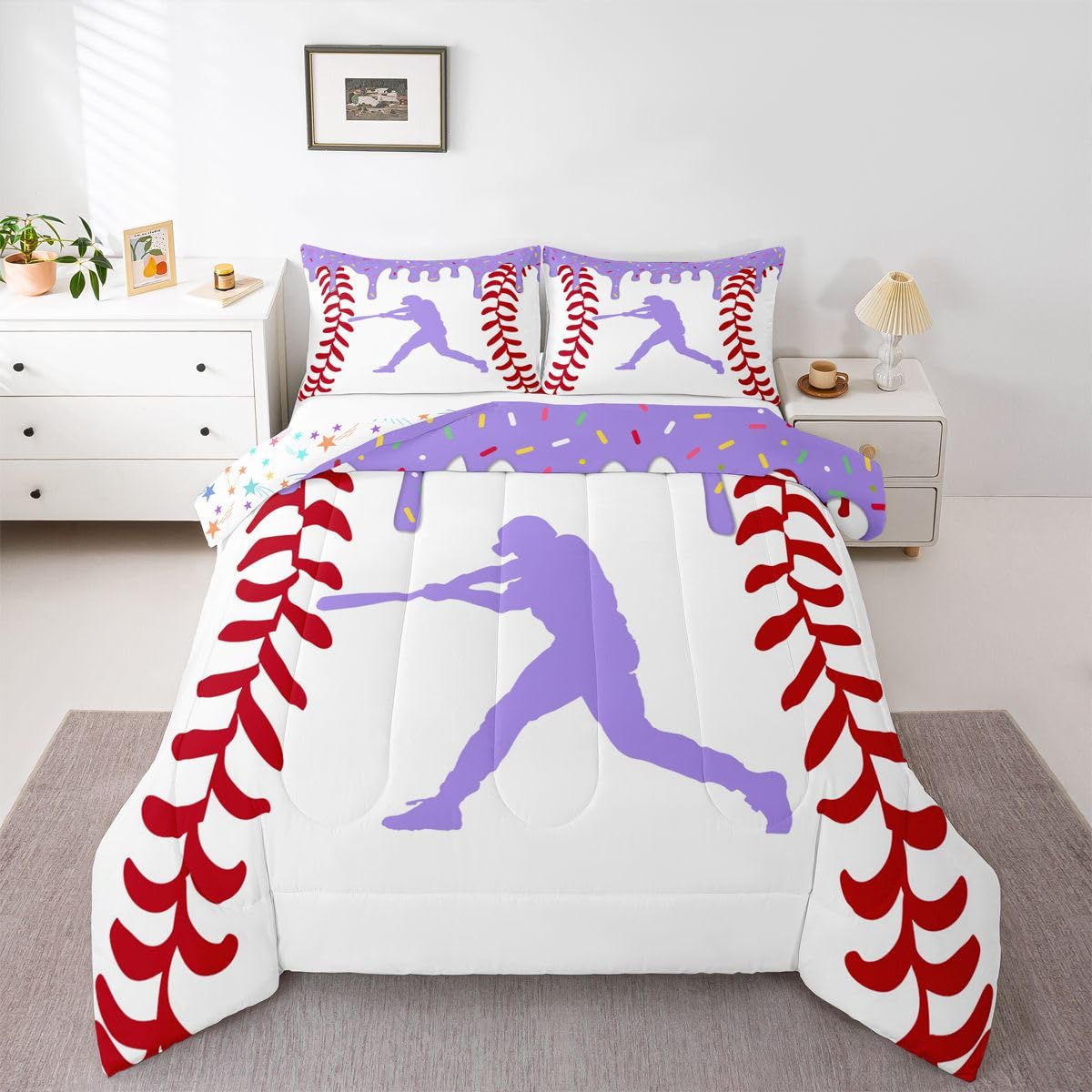 Edredón de béisbol y helado morado Homewish para cama individual de niños
