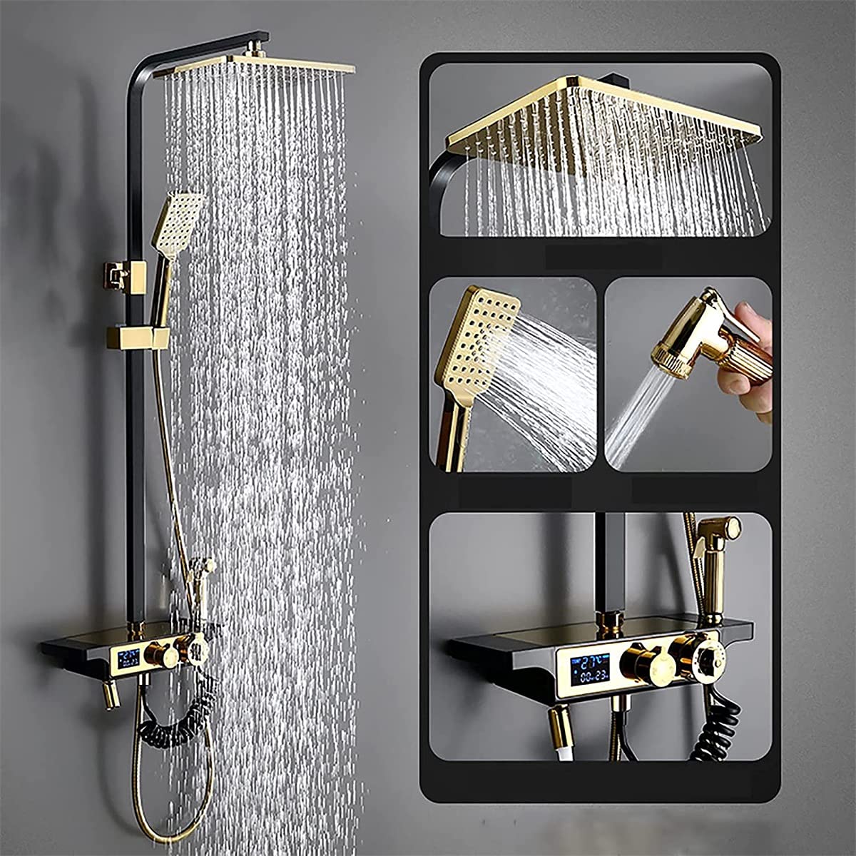 Sistema Doccia a Pioggia, Set termostatico Combinato, Rubinetto per Bagno in Oro e Nero con soffione a Pioggia, doccetta, Rubinetto per Vasca, doccetta Bidet, Display Digitale