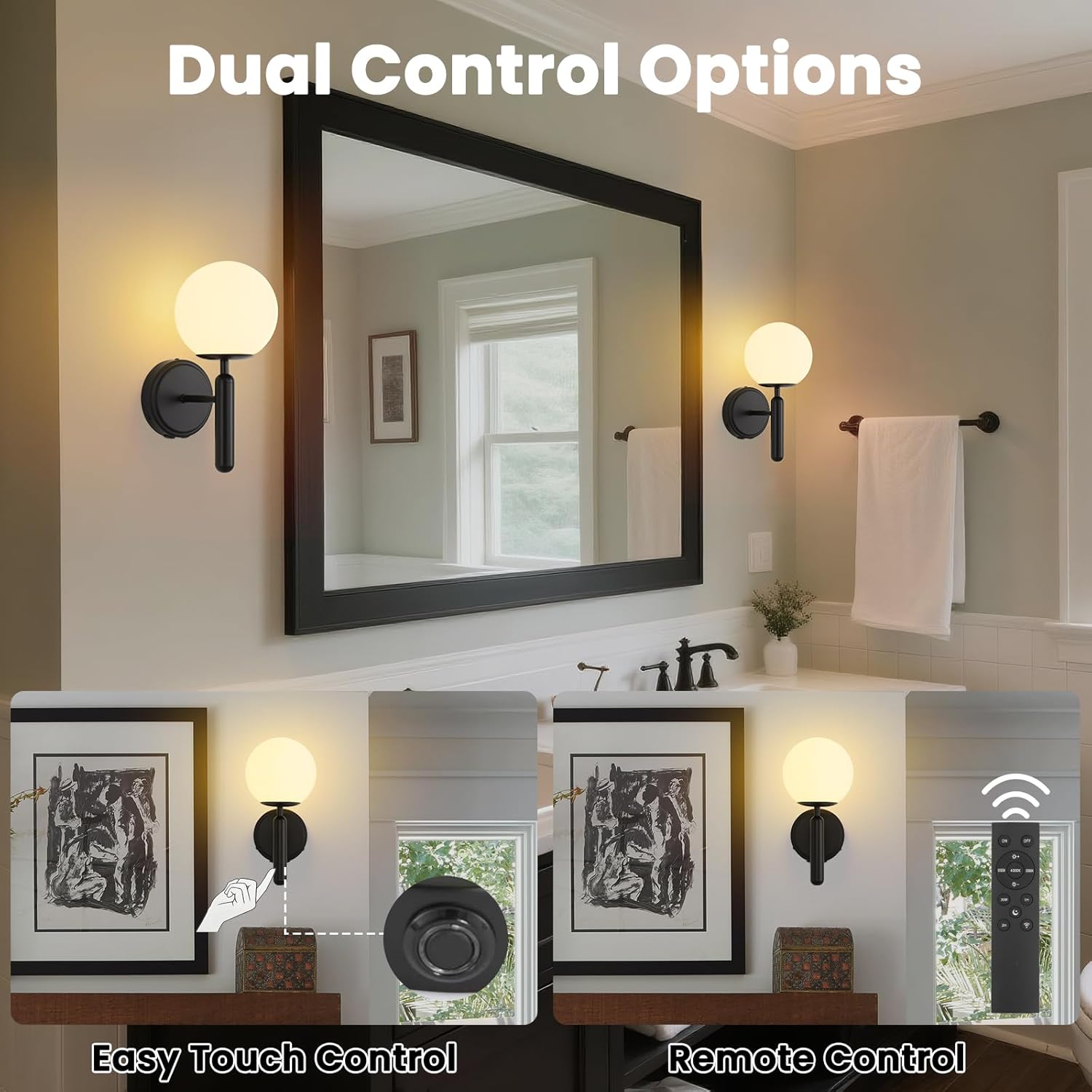 Battery Operated Wall Sconce Set of 2, Black Rechargeable Wireless Wall Lamp with Milky White Frosted Globe Lampshade and Remote, 5000mAh LED Dimmable Wall Light for Bedroom Living Room Hallway