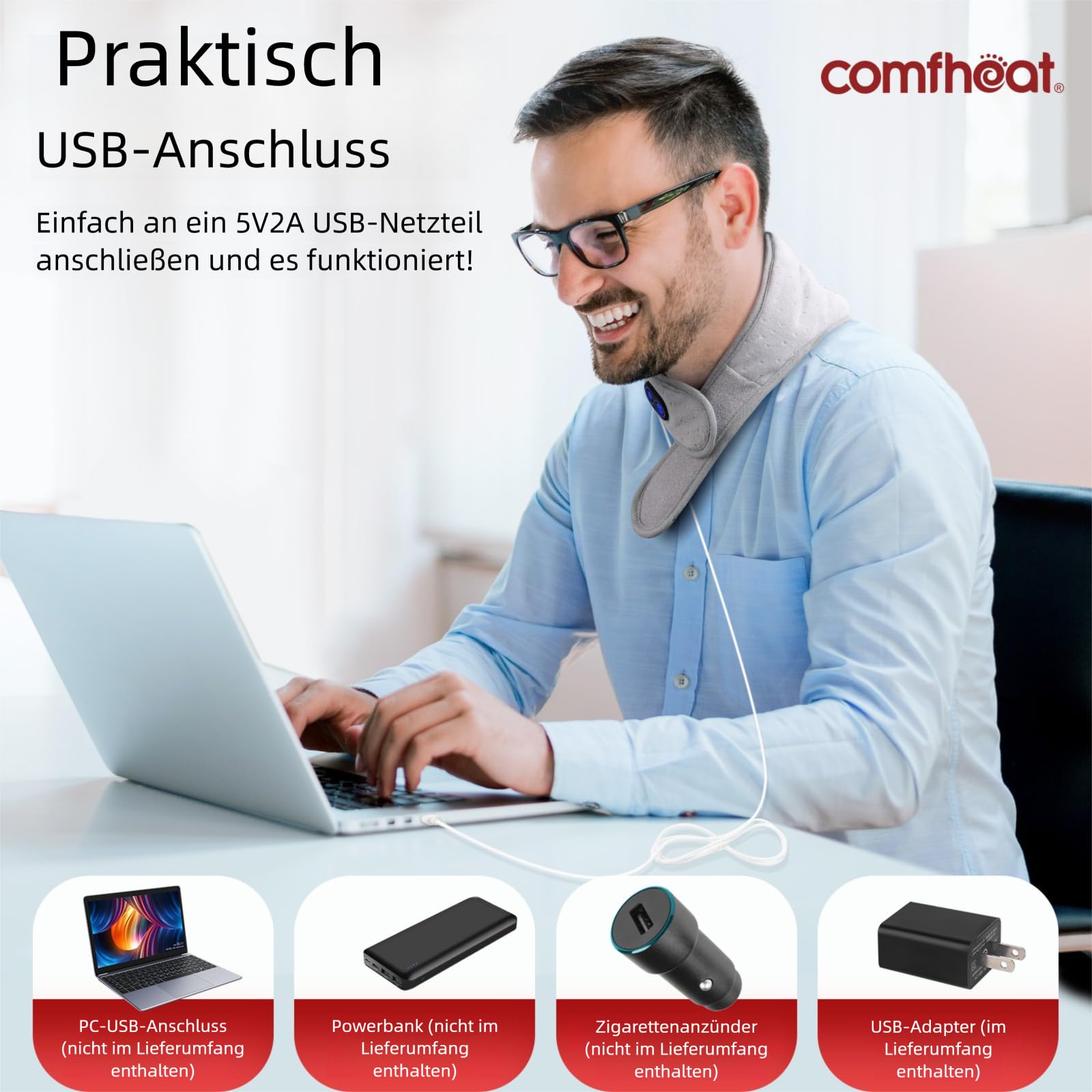Nacken-Heizkissen mit Vibrationsmassage zur Linderung von Nackenschmerzen, USB beheizter Nackenwickel, weicher Nackenwärmer gegen Schmerzen und Steifheit, 3 Stufen Wärme & Massage, Auto-off