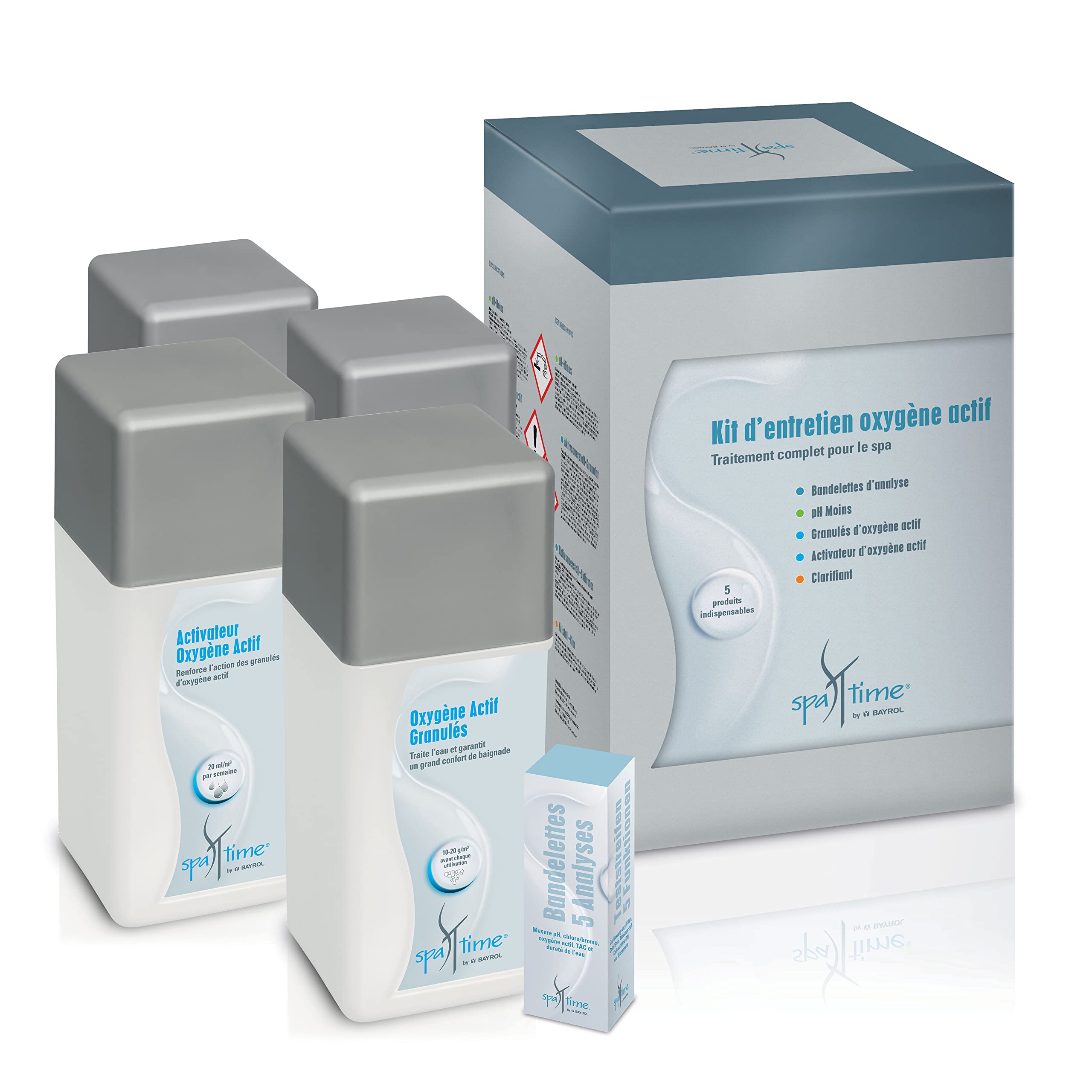 BAYROL SpaTime KIT d'entretien O2 (OXYGENE Actif) - 4,6kg | Coffret de Traitement et Entretien Complet - Désinfection Régulière et Choc sans Chlore - Oxygène Actif + 10 Tests HPS OFFERTS 6 en 1