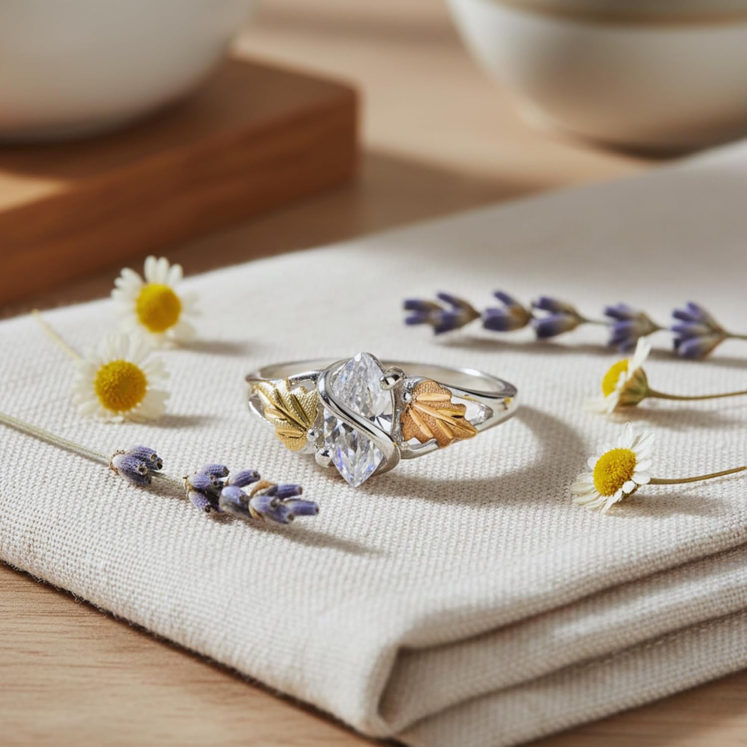 Marquise CZ with Leaf Slim-Profile Ring, Sterling Silver, 12k Green and Rose Black Hills Gold