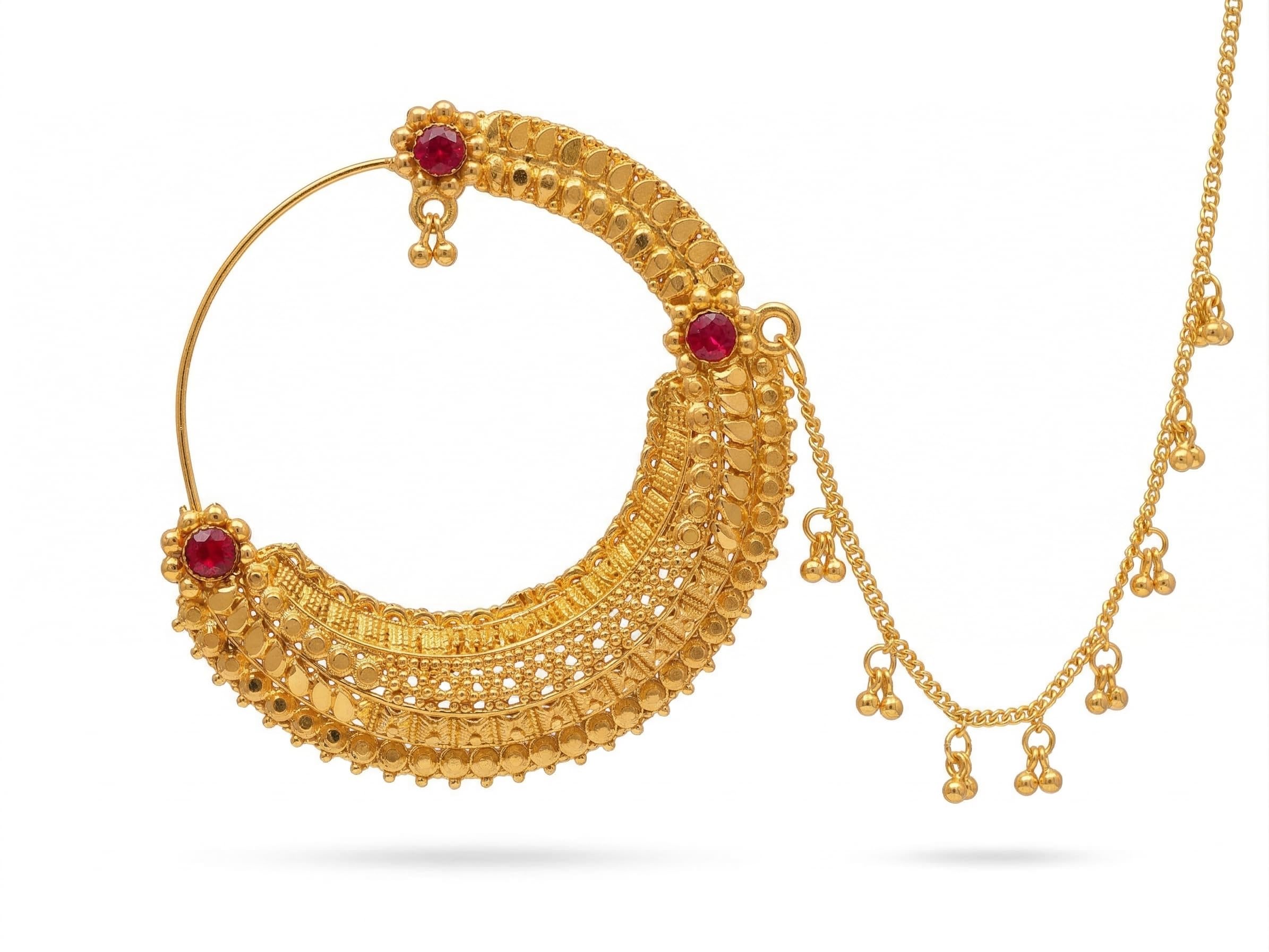 Gold-Toned Bridal Nath with Ruby Stones, Traditional Pahadi Nose Ring with Chain and Ghungroo, Medium Size, Kumaoni, Himachali, Rajasthani Style