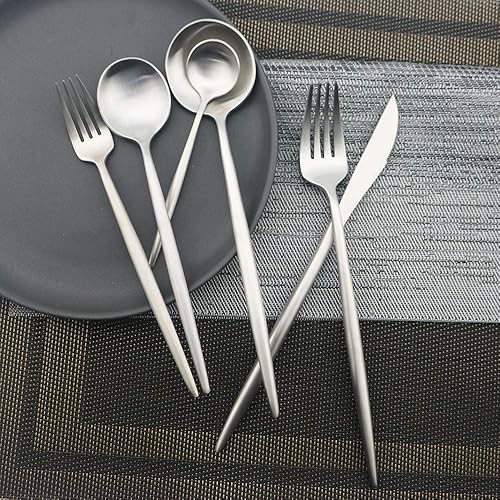 Miniatura 3 de JASHII Juego de cubiertos de lujo con cuchara plateada, elegante y lindo juego de cubiertos de acero inoxidable 1810 para comer en casa, cocina,