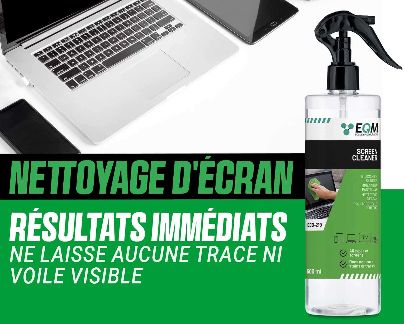 EQM - ECO-219 - Kit Nettoyant Écrans + Chiffon Microfibre - 500 ML - Format Premium - Compatible Tablette, Mobile, Ordinateur Portable, Appareil Photo, LED, OLED