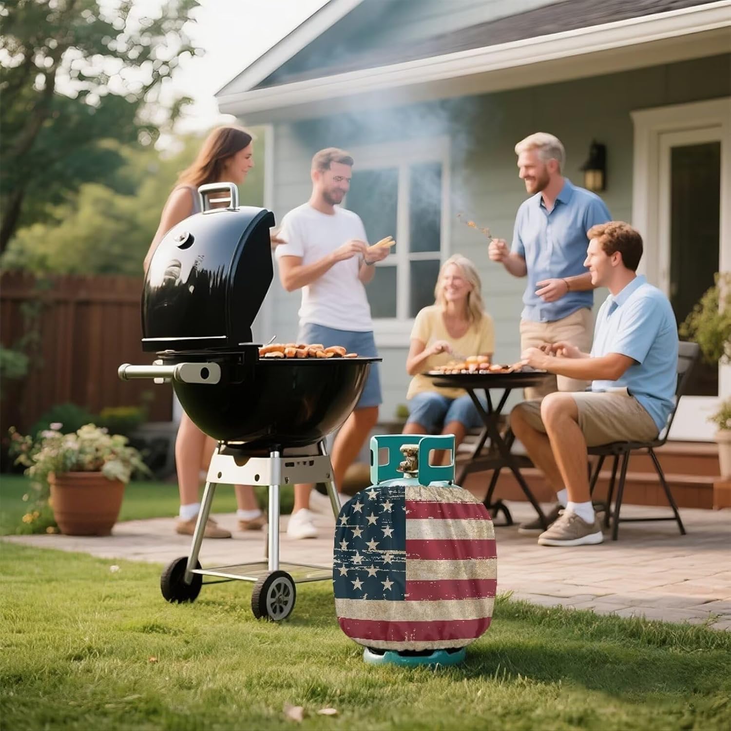 Retro American Flag Dual Propane Tank Cover 20 lb Patriotic Weather Resistant Gas Cylinder Polyester Blue Red 4th of July Decoration Slip-On Standard Tank Cover