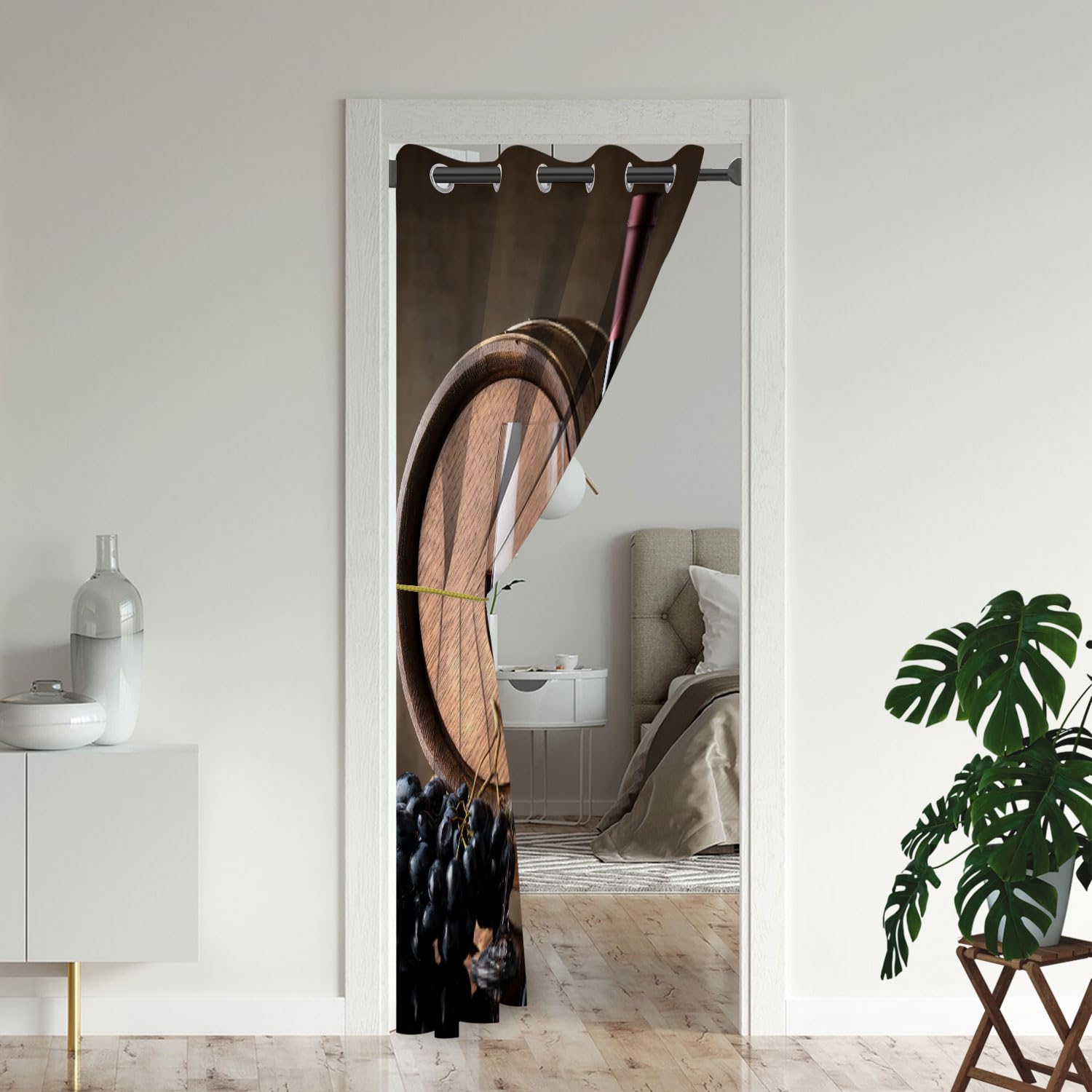 Wine Door Curtains for Doorways, Glass Grape Fruit Barrel Romantic Burgundy Brown Blackout Curtain for Kids Bedroom Closet, Grommet Thermal Insulated Privacy Door Drapes for Room Divider, 34