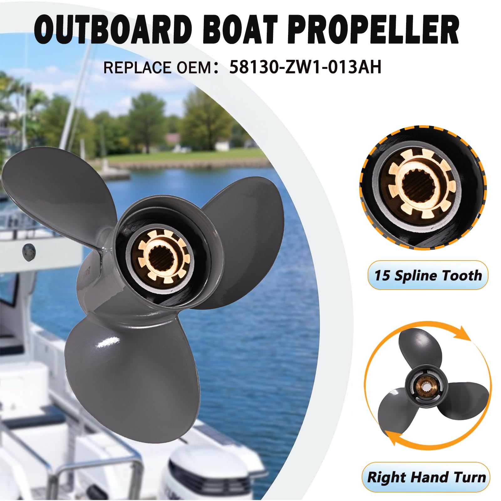 Upgrade Aluminium 13 3/4 x 13 Außenbord-Boot-Propeller passend für Honda-Motoren BF60/75/90/100/115/130 PS, 15 Verzahnung, OEM 58130-ZW1-013AH 13,75 x 13 Prop RH