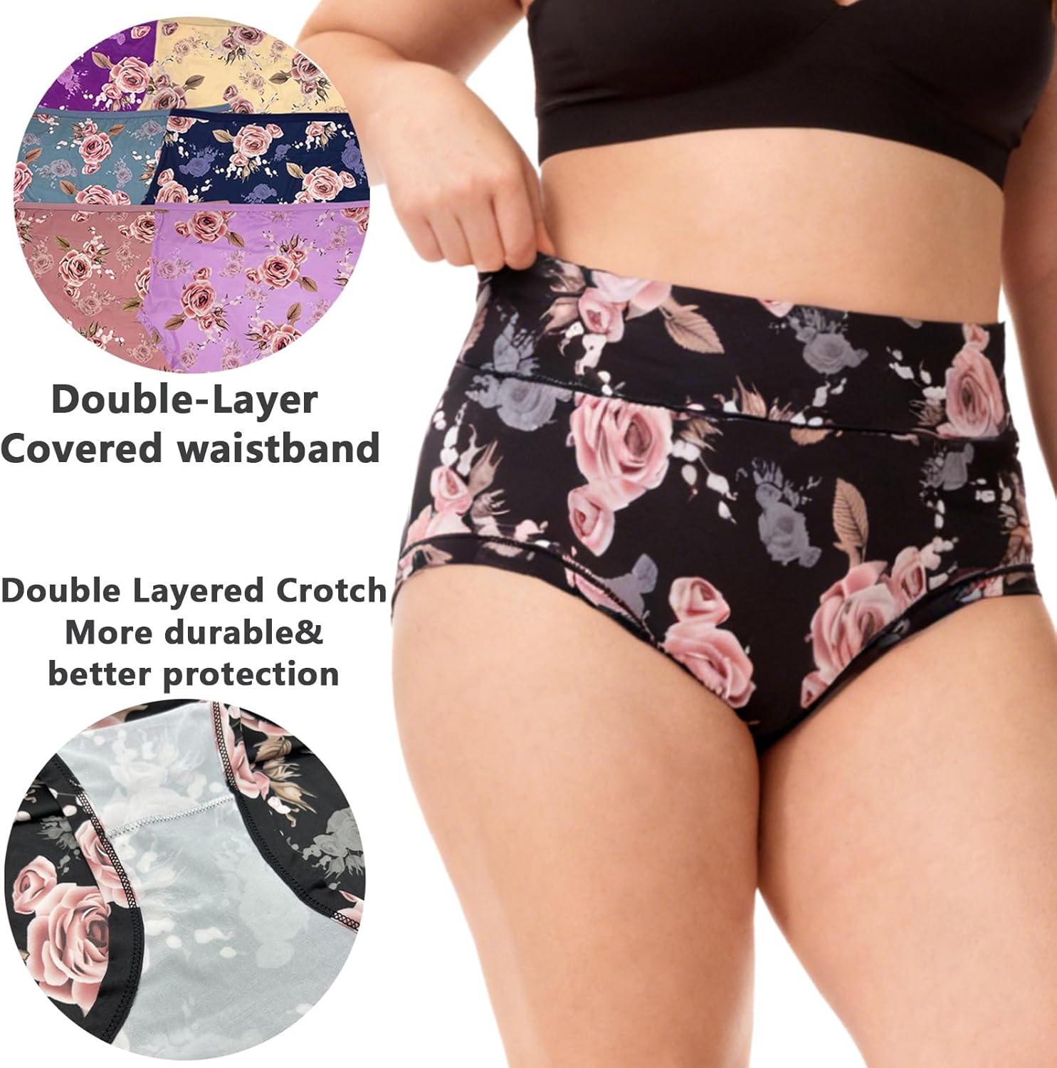 6 Pack Womens Underwear XL-5XL Plus Size Panties Ladies Briefs Mid High Waist Panty Floral Print Undies for Woman - Image 5