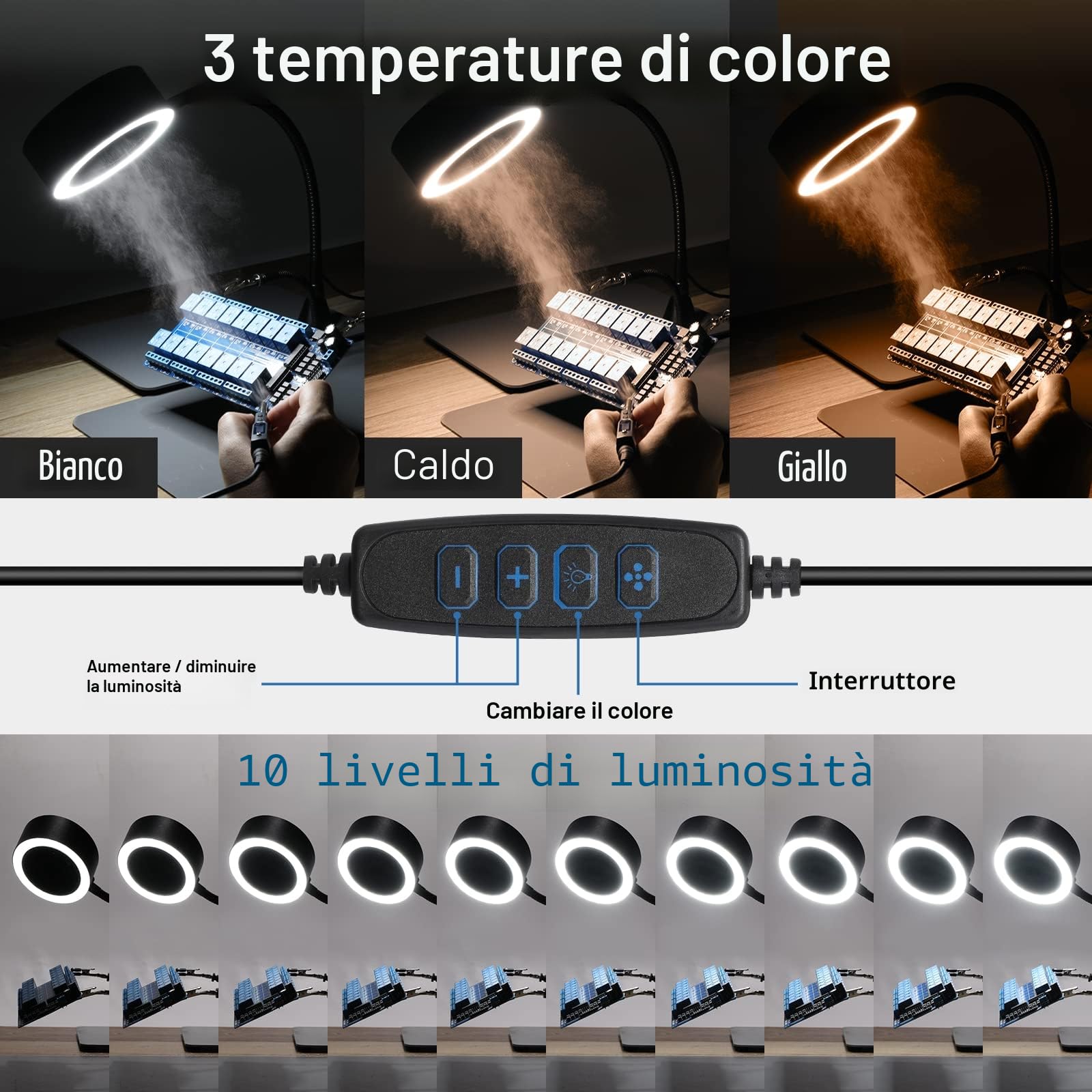 SainSmart Assorbifumo Magnetico a Saldare con Luci a LED, Collo di Cigno in Acciaio Inossidabile con Memoria e Morsetto da Tavolo Sostituibile, Ventola Estrattore di Fumi Portatile