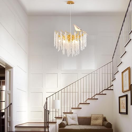 Miniatura 7 de XYDikssn Candelabro redondo de rama de árbol D24 pulgadas, 10 luces, moderno y lujoso candelabro redondo dorado de cristal con borla larga para