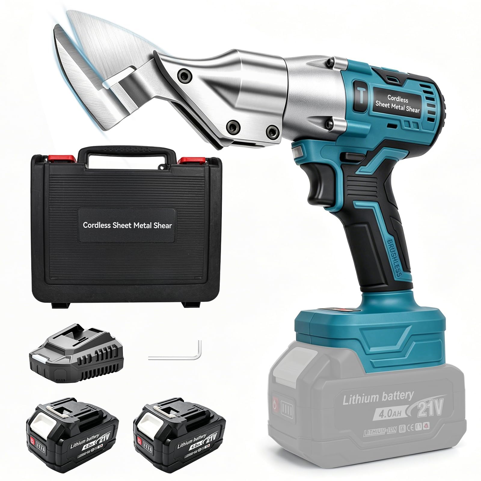 Cizalla a Batería con 2 Baterías 4.0Ah, Cizalla Eléctrica Brushless 800W, Velocidad Variable, Cabezal Giratorio 360°, Tijeras Eléctricas para Acero Inoxidable, Chapa Metálica y Hierro