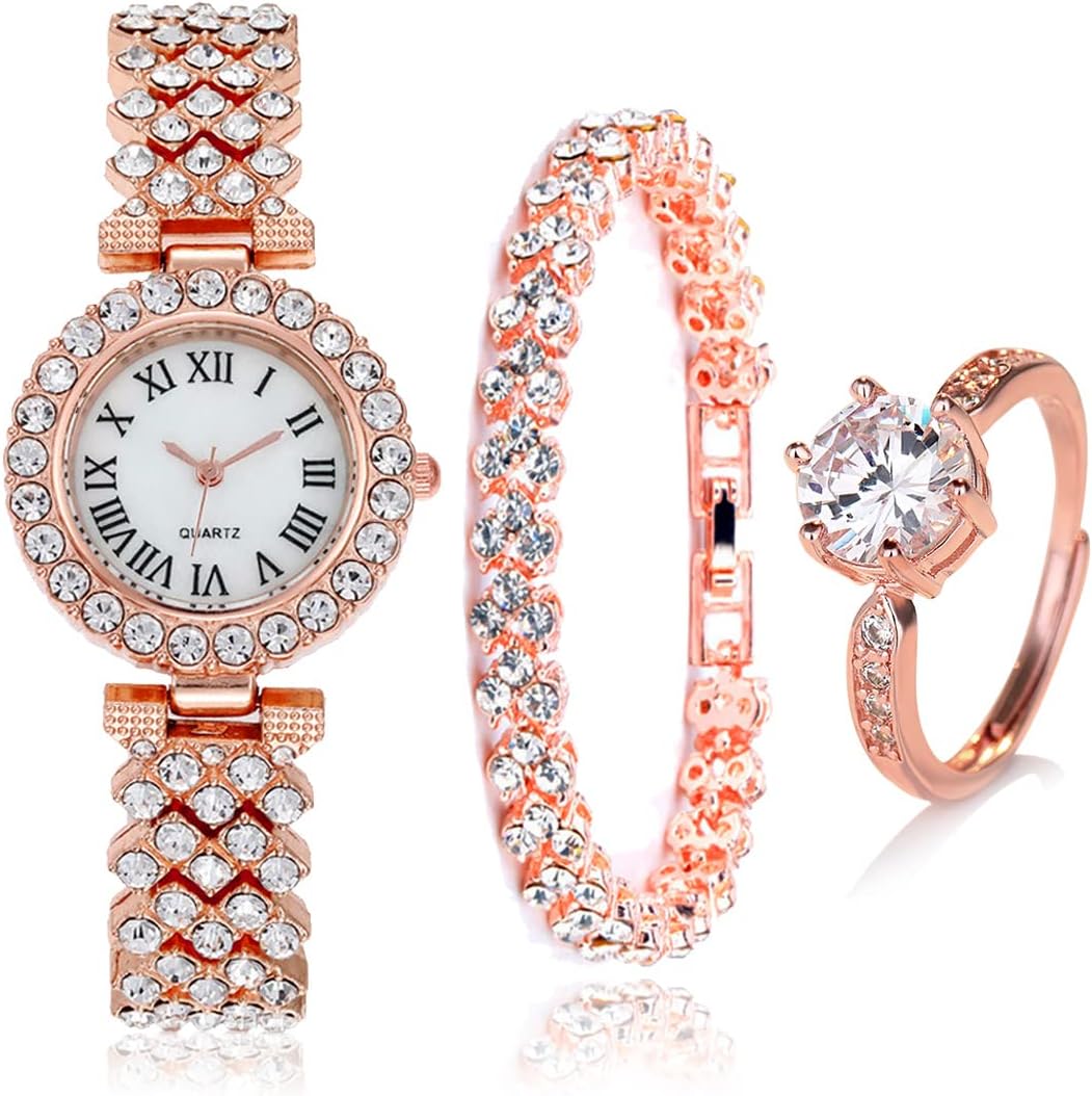 BenmiukoWomen Watch Fashion Ladies Quartz Diamond Wristwatch Elegant Ring Female Bracelet Watches 3pcs Set