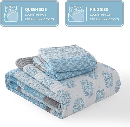 Miniatura 6 de KALOOLA Juego de edredón de retazos, tamaño Queen, 100% algodón, ligero, acolchado, juego de ropa de cama de 3 piezas, colcha floral a cuadros con 2