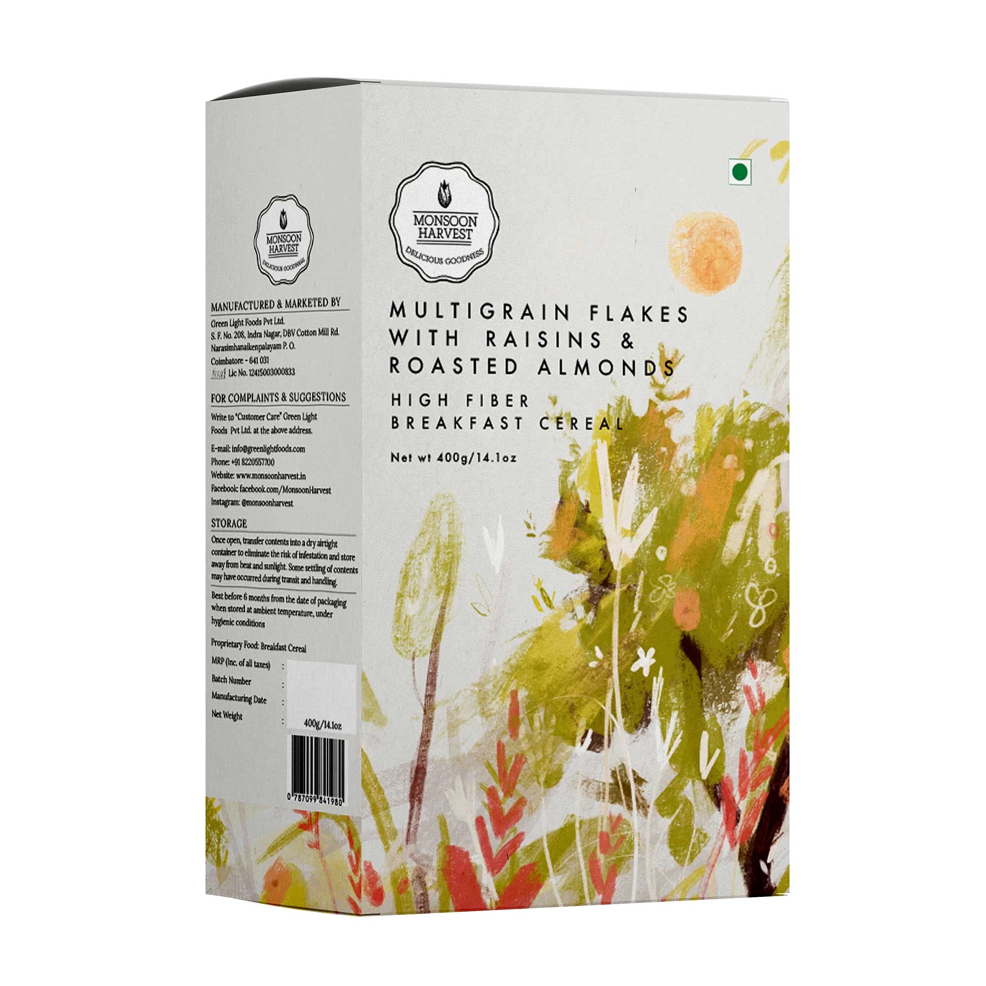 Wingreens Harvest High Fiber Breakfast Cereal with Less than 5% Sugar - 400 gm, Multigrain Flakes with Raisins and Roasted Almonds