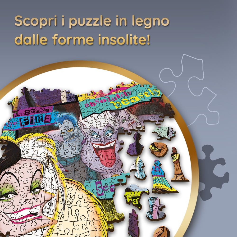 Trefl – Puzzle di Legno: Disney Villains, Rally di Villains - 1000 Pezzi, Artigianato in Legno, Forme Irregolari, 100 Figure di Fiabe, Puzzle Moderno e di Qualità, per Bambini dai 12 Anni in Su
