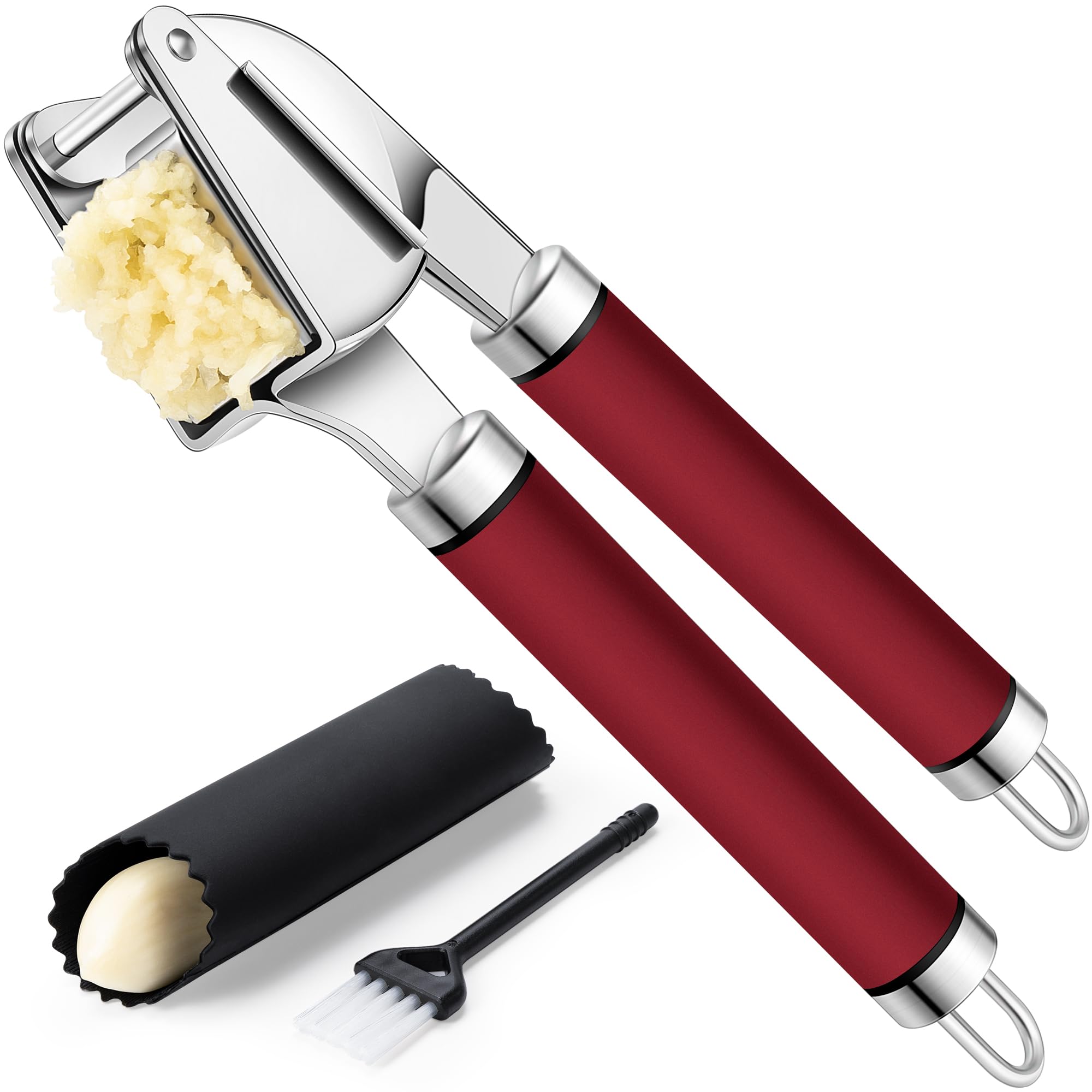 Rainspire Premium Knoblauchpresse Edelstahl, Knoblauchwolf Werkzeug, Knoblauchzerkleinerer Werkzeug, Knoblauchzerkleinerer Knoblauchstampfer Inklusive Silikon Knoblauchschäler & Reinigungsbürste,