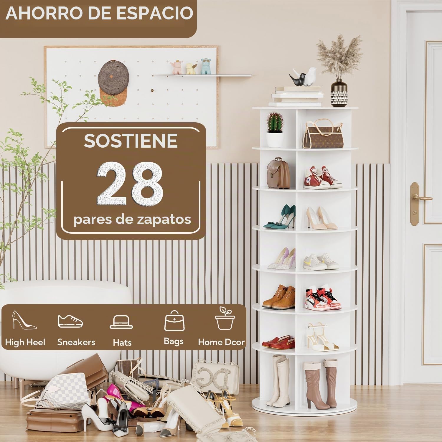 MYOYAY Estante giratorio para zapatos, torre giratoria de 7 niveles, exhibición de zapatos Lazy Susan de 360 grados, organizador de bolsos vertical redondo, ahorra espacio, sostiene más de 28 pares de