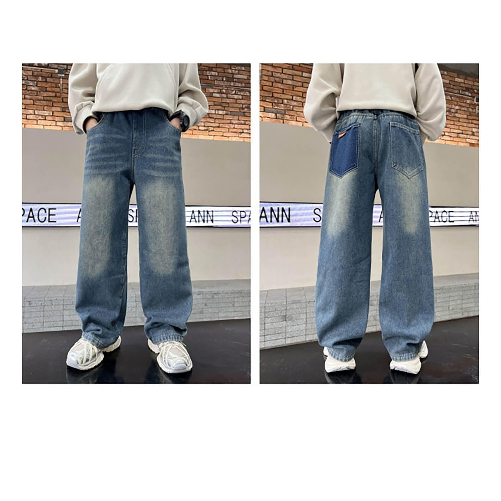 Genérico Vaqueros Niño 4-12 Años Baggy Polar Pantalon Vaquero Adolescentes Chico Elasticos Rectos Moda Y2K Streetwear Jeans Pantalones Vaqueros Cargo Denim Loose Grueso Invierno 2026